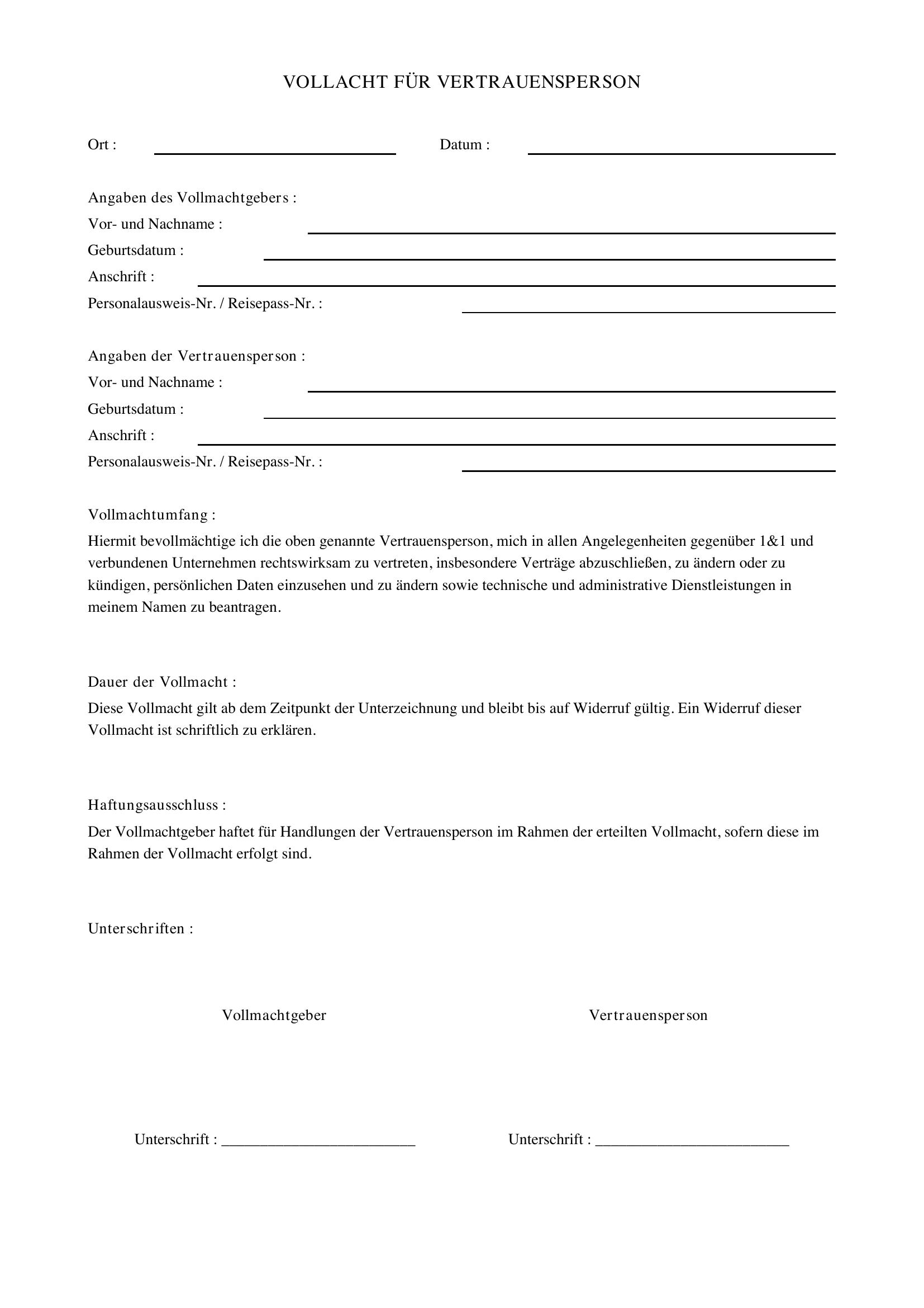 1&1 Vollmacht Für Vertrauensperson