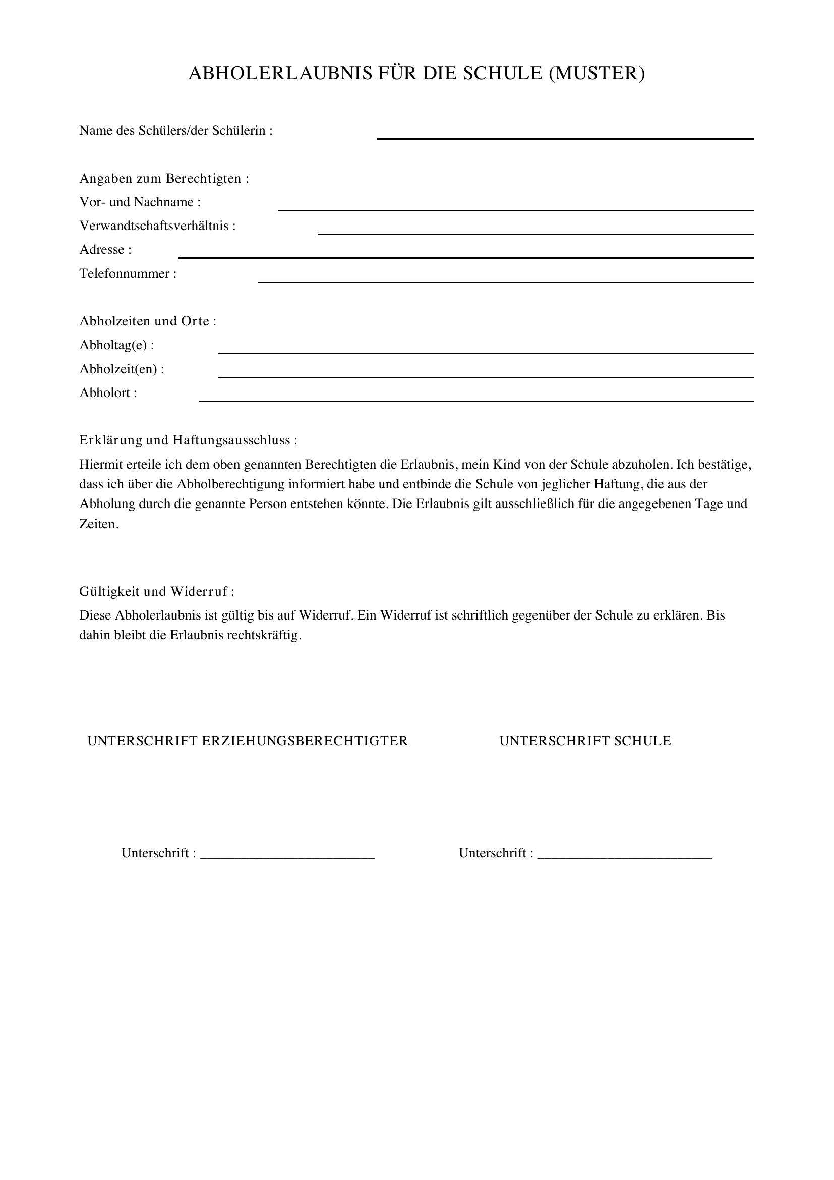 Abholerlaubnis Schule Muster