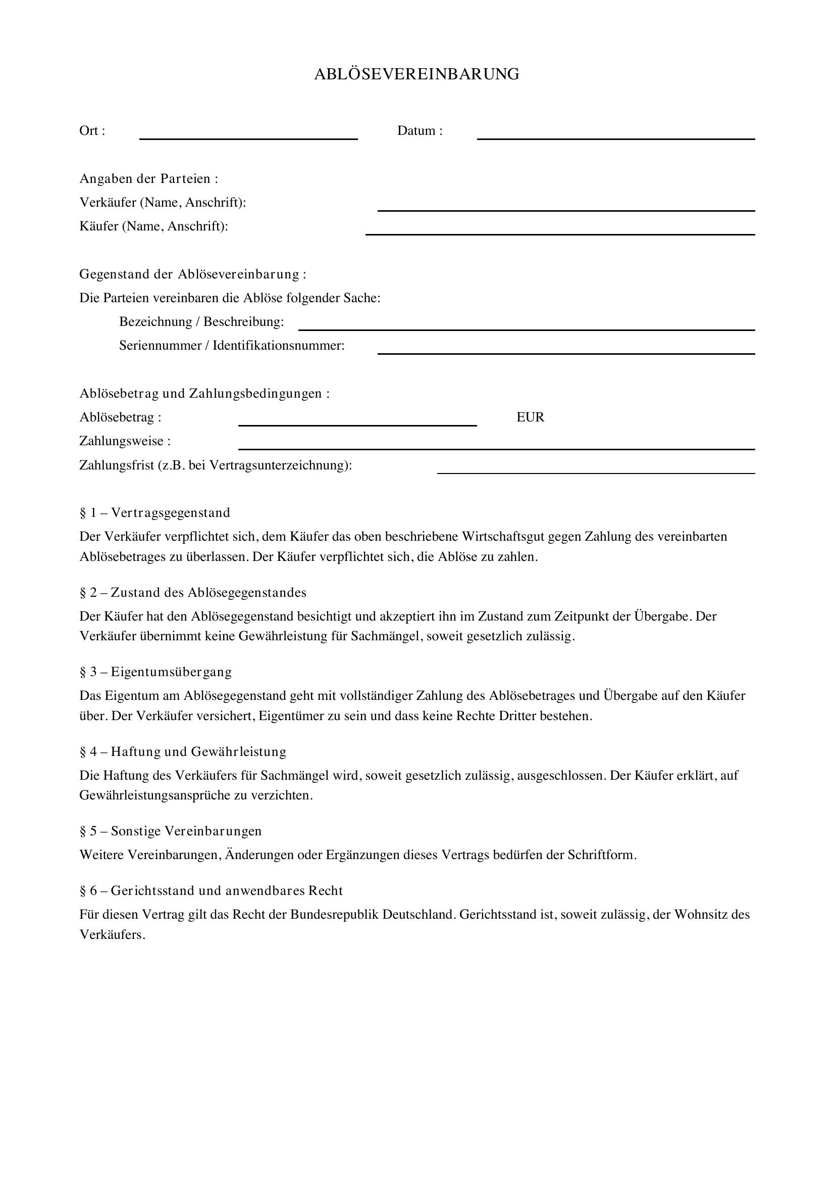 Ablösevereinbarung Vorlage