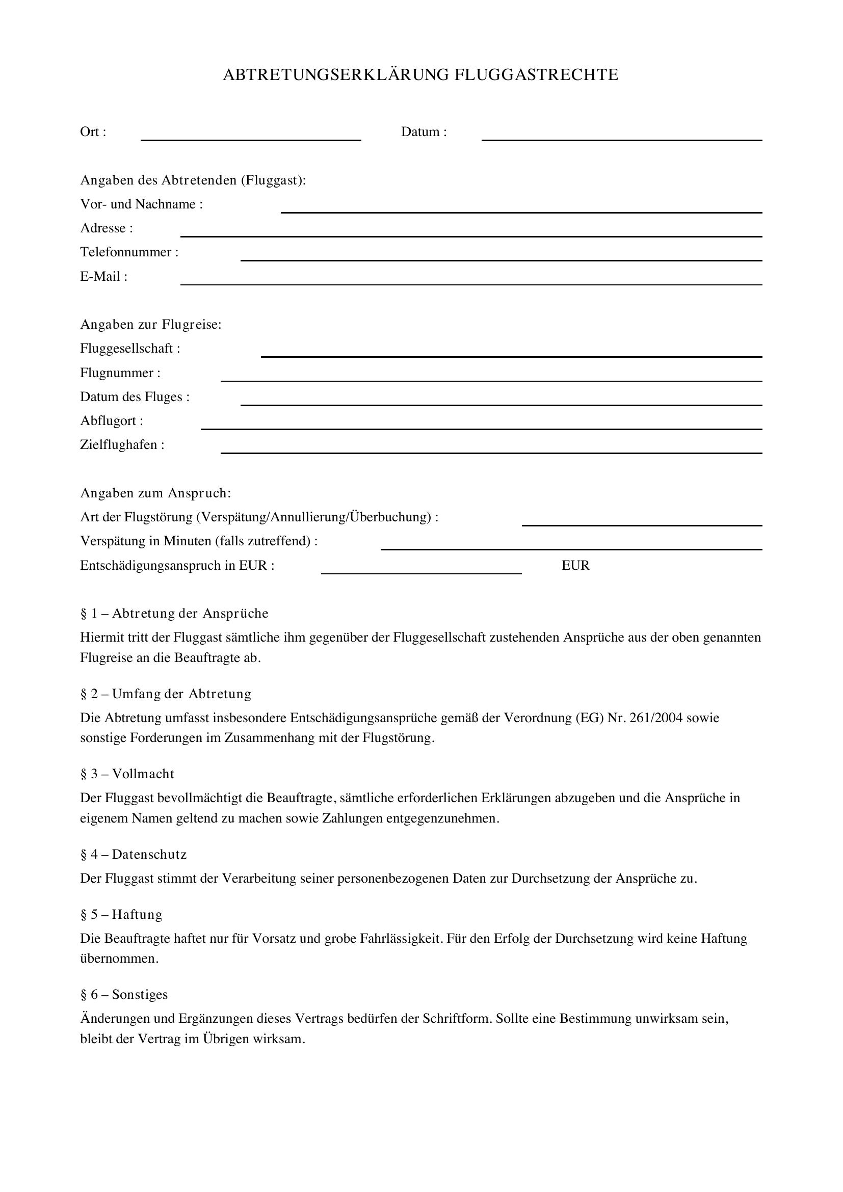 Abtretungserklärung Fluggastrechte Muster
