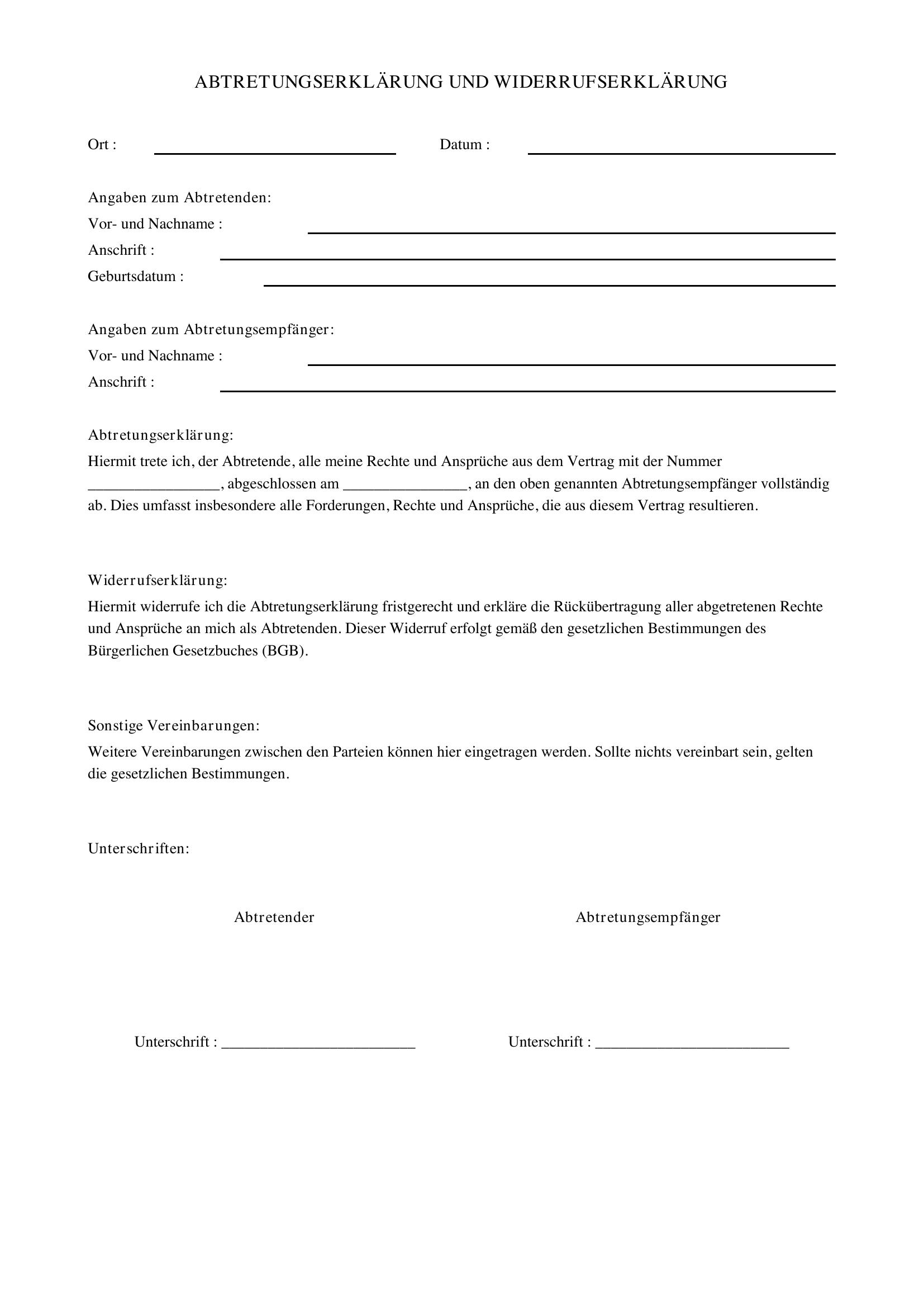 Abtretungserklärung Widerrufen Muster