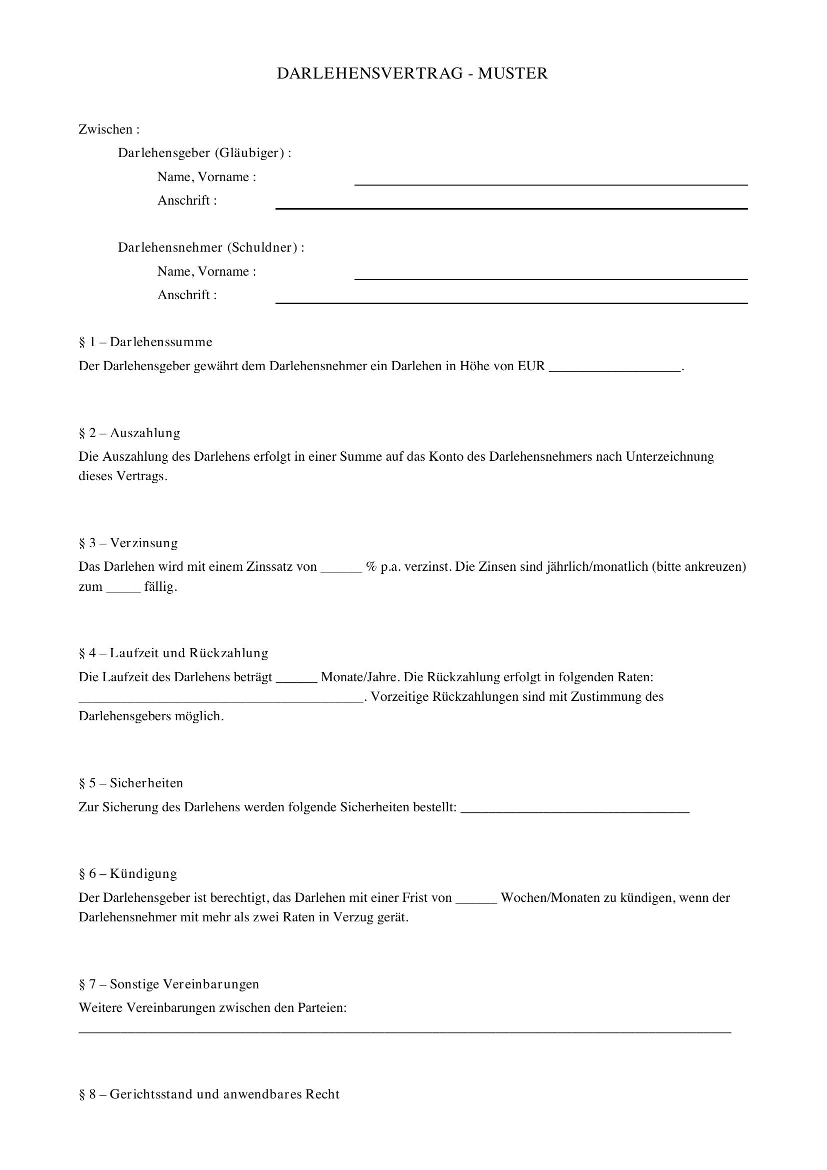 Änderung Darlehensvertrag Muster