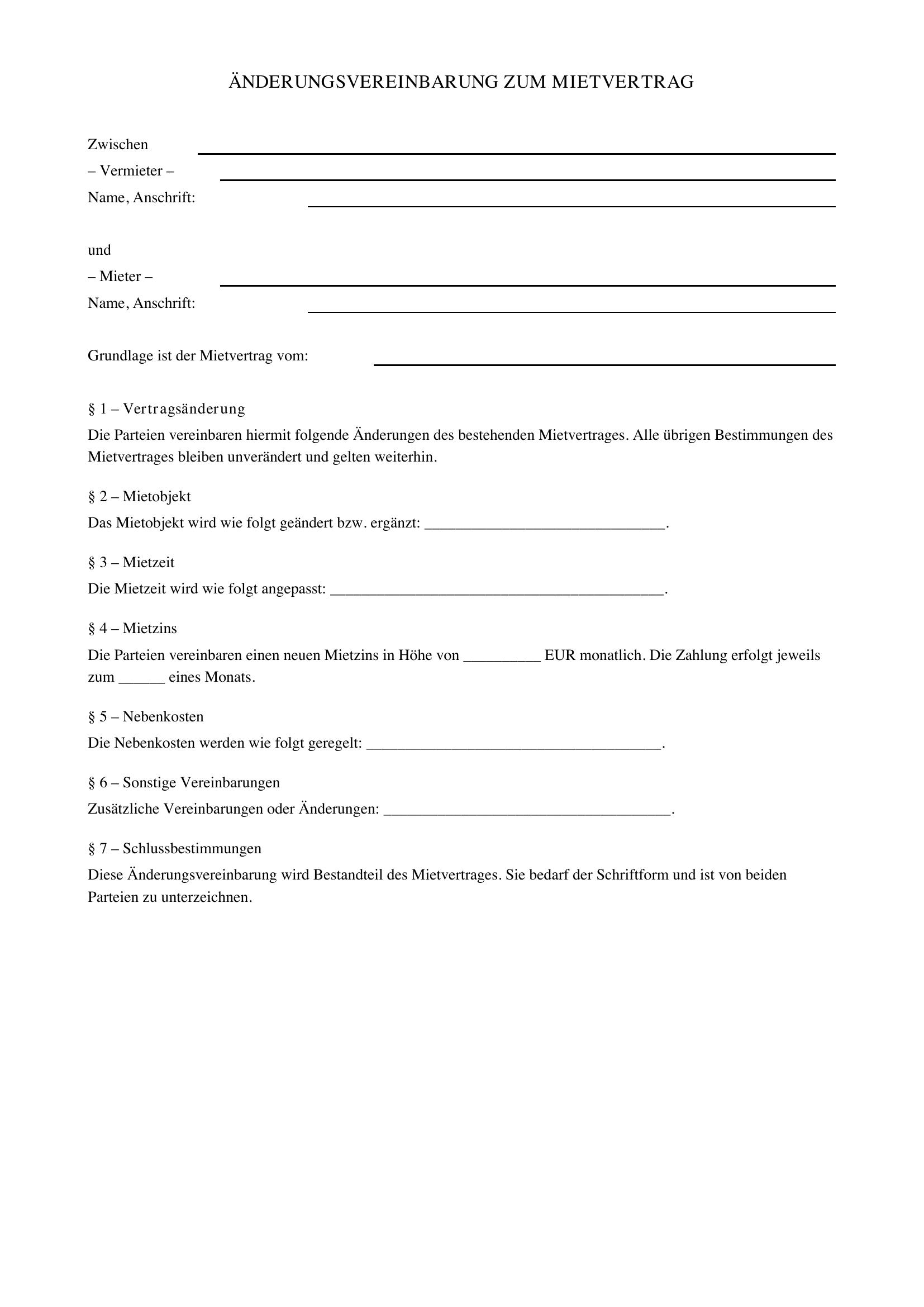 Änderungsvereinbarung Mietvertrag