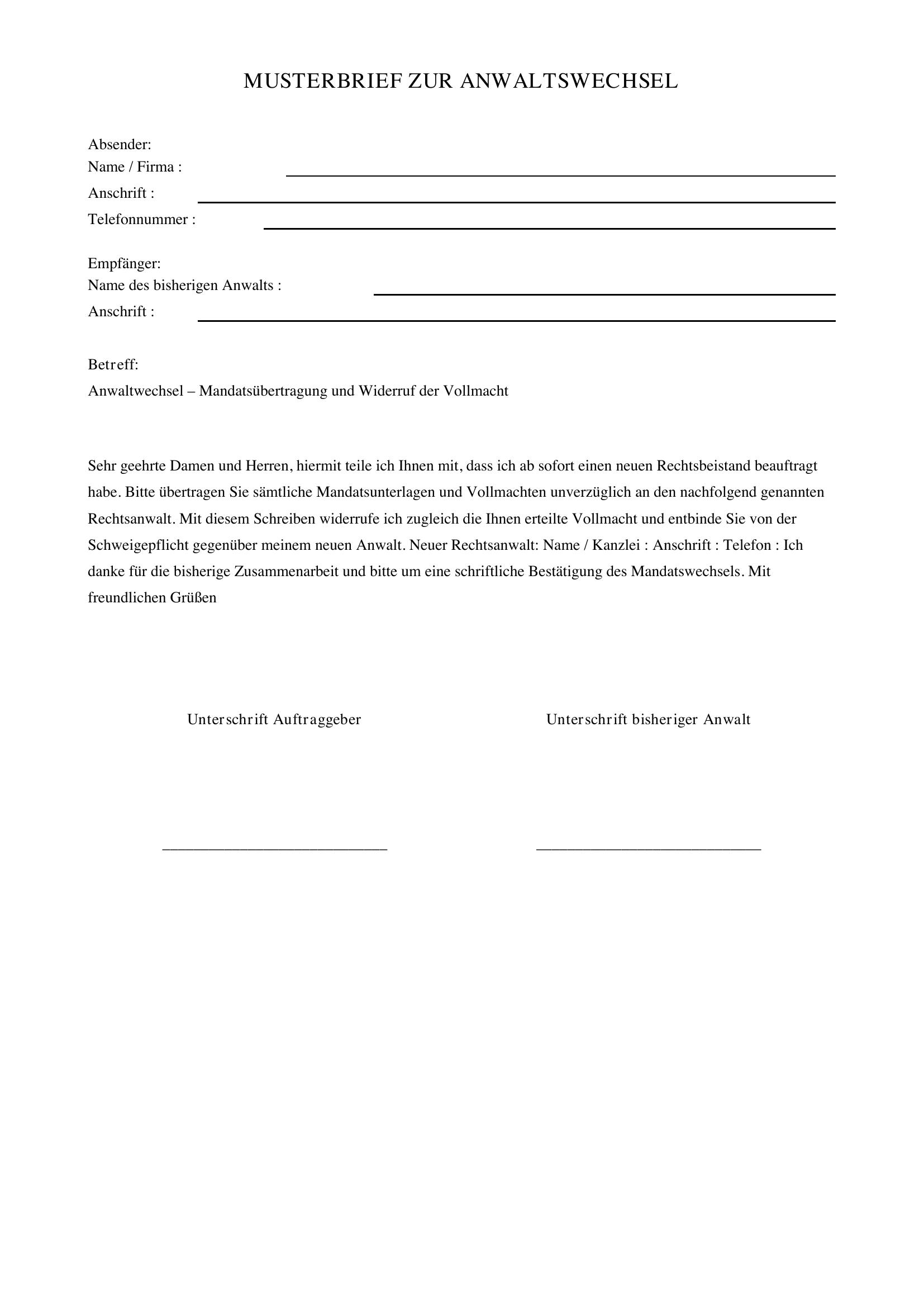 Anwalt Wechseln Musterbrief