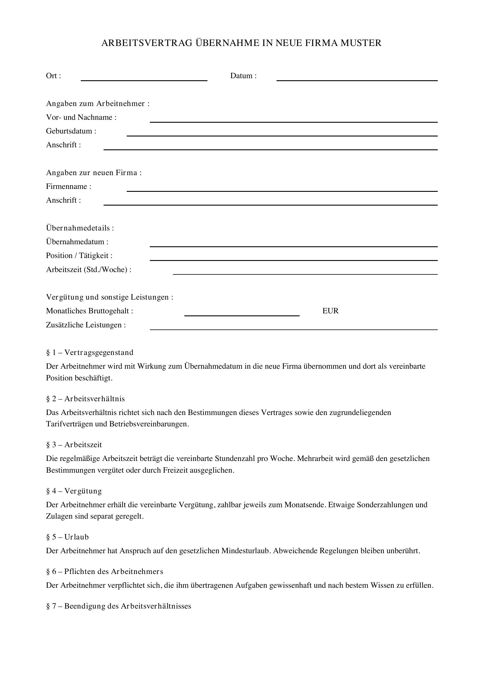 Arbeitsvertrag Übernahme In Neue Firma Muster