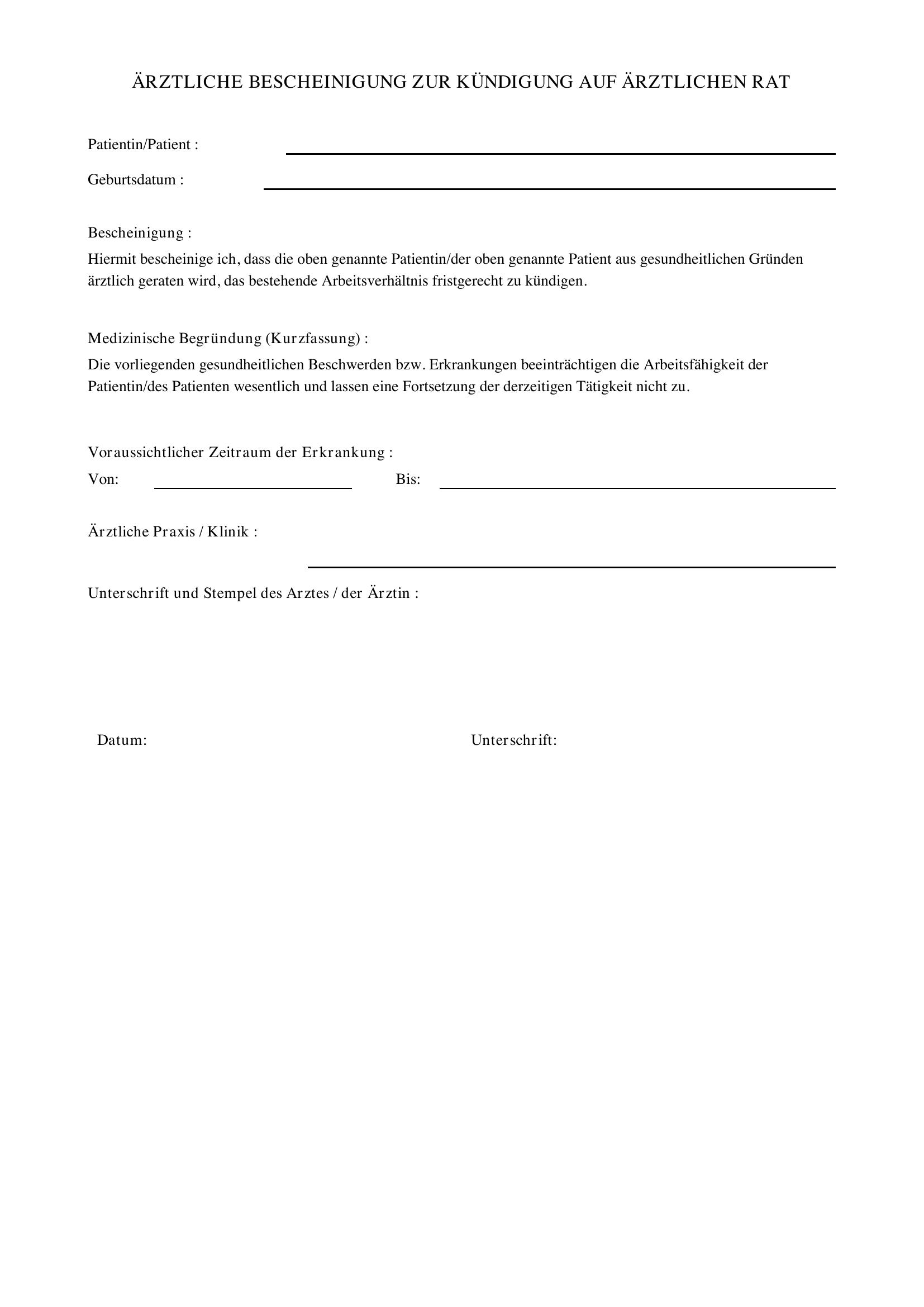 Ärztliche Bescheinigung Kündigung Auf Ärztlichen Rat Formular