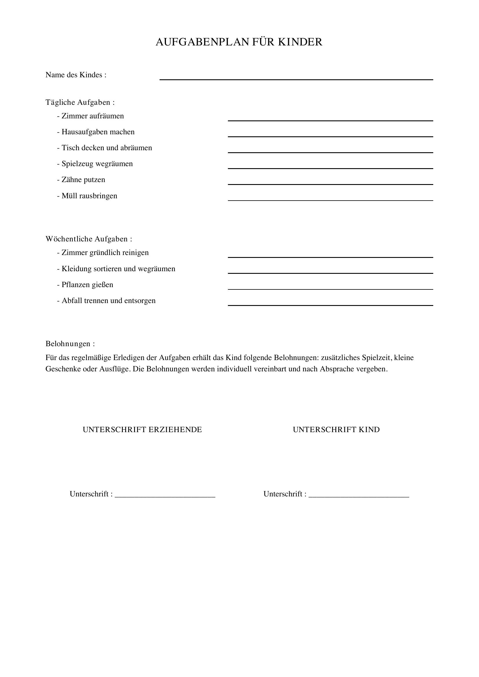 Aufgabenplan Kinder