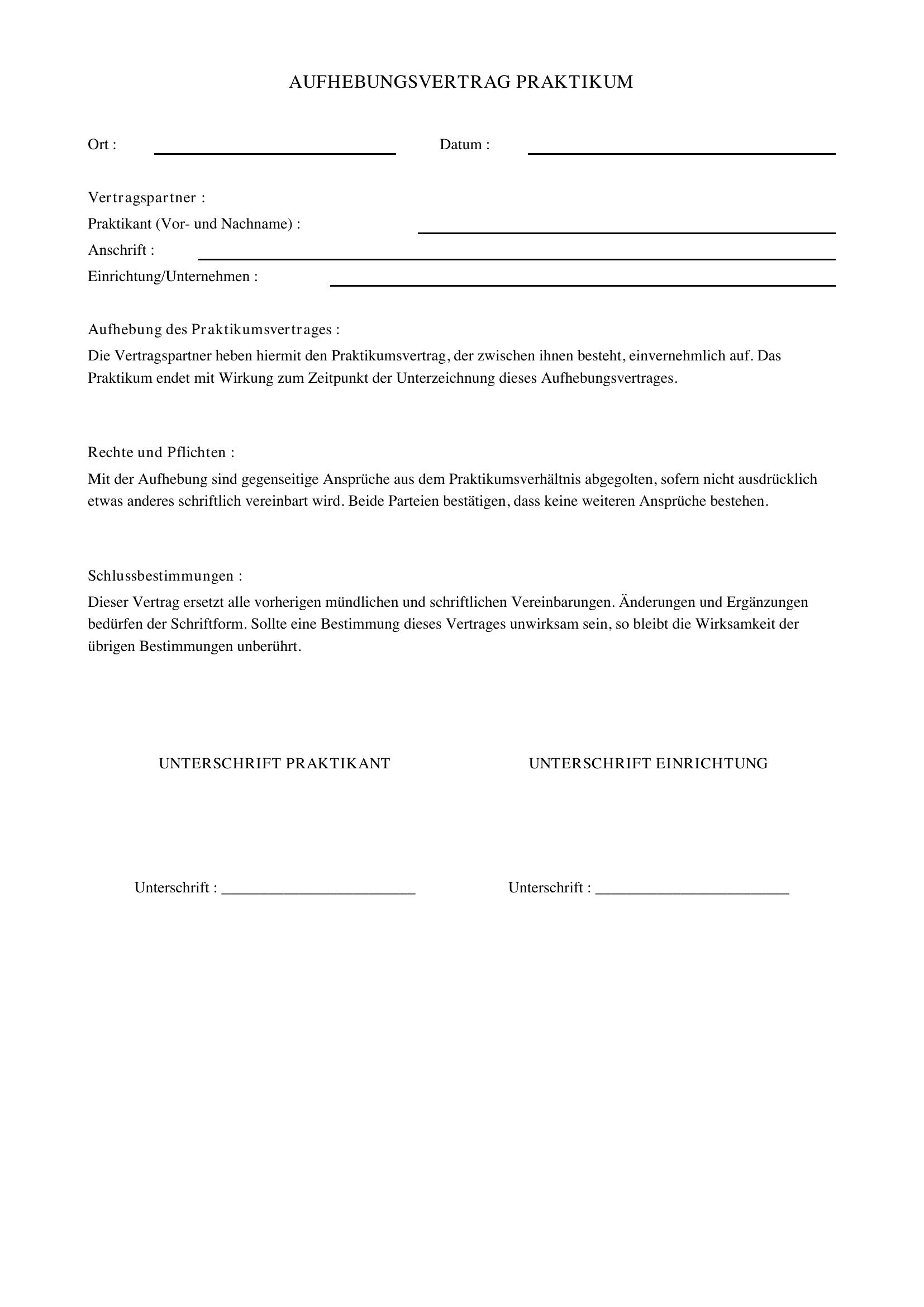 Aufhebungsvertrag Praktikum