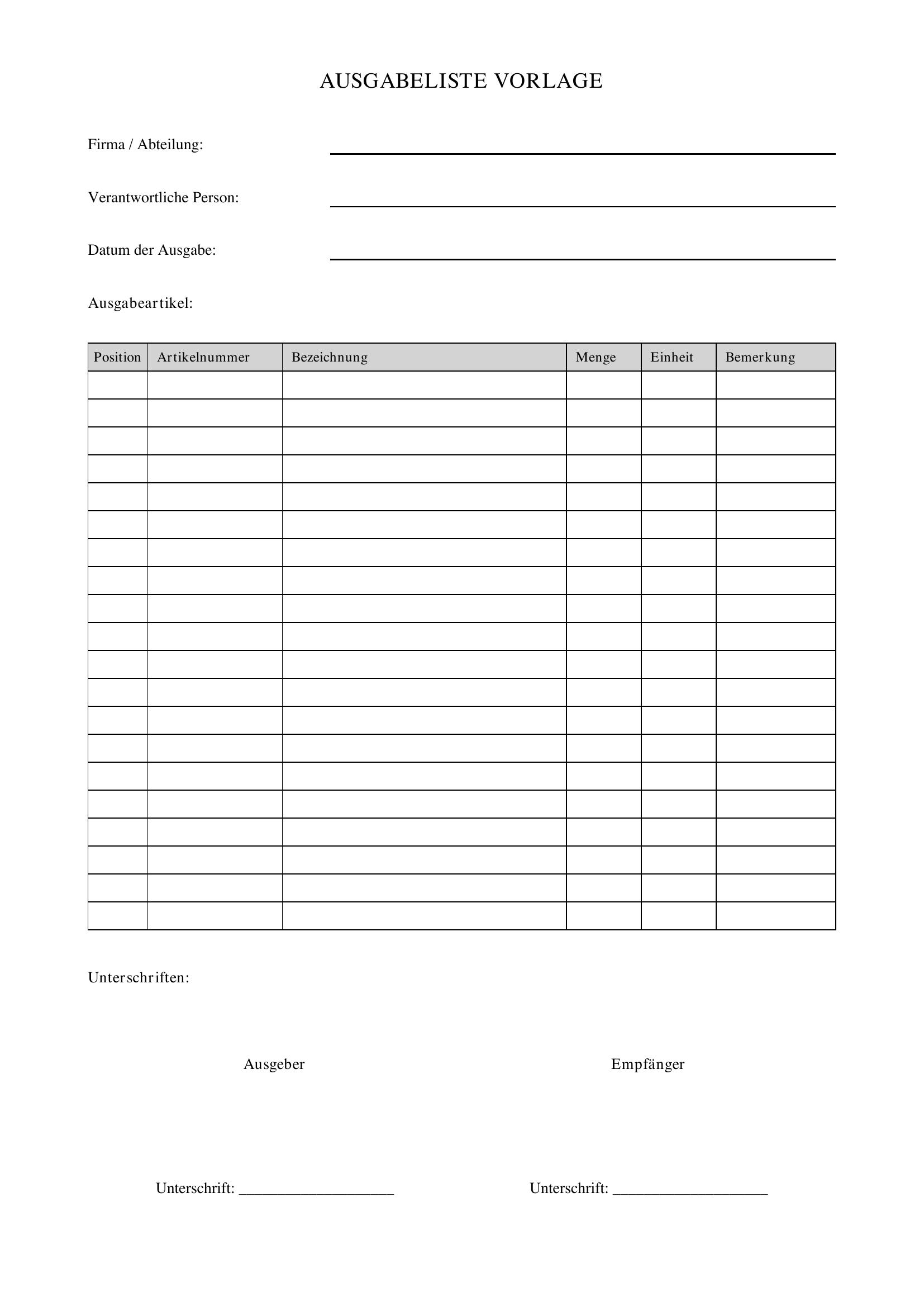 Ausgabeliste Vorlage
