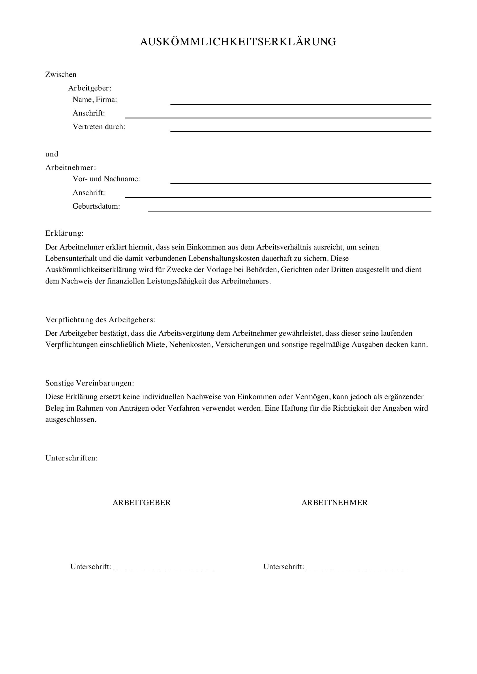 Auskömmlichkeitserklärung Vordruck