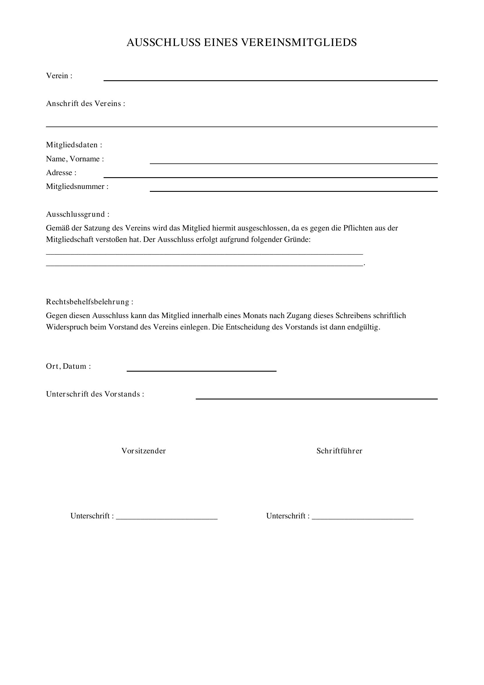 Ausschluss Vereinsmitglied Musterbrief