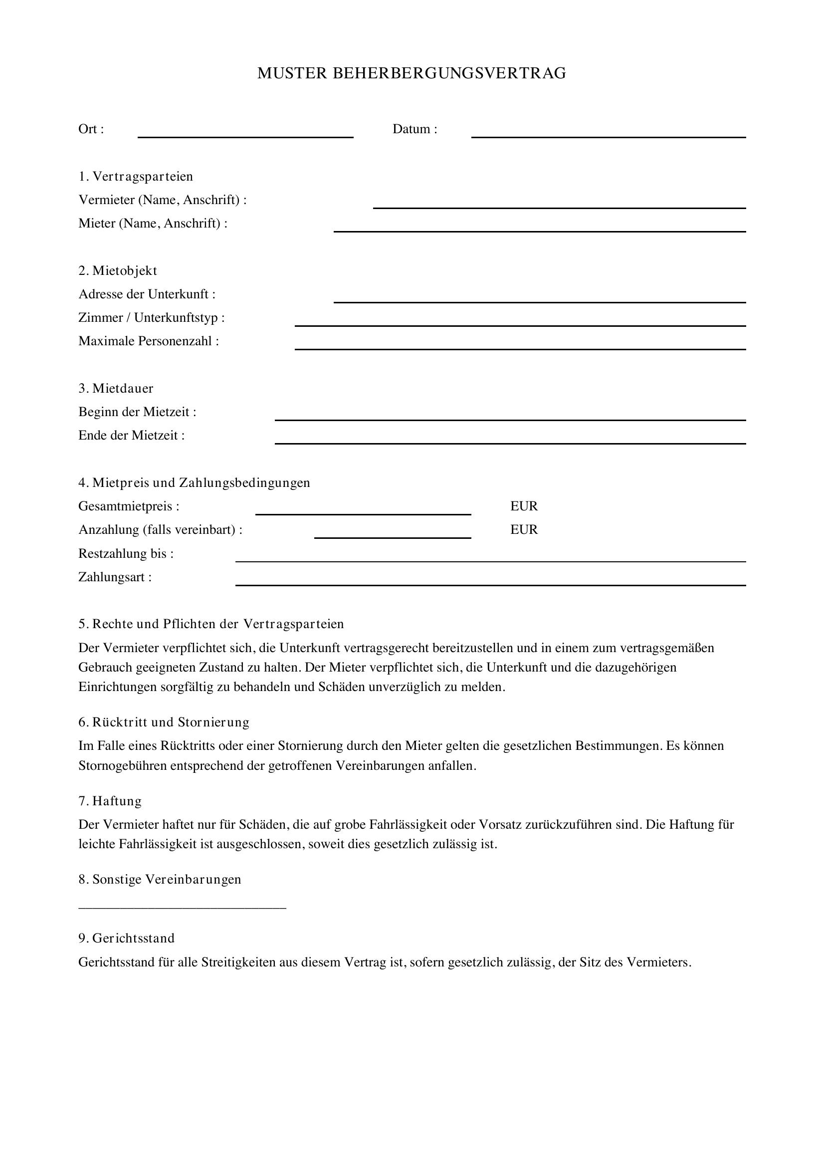 Beherbergungsvertrag Muster