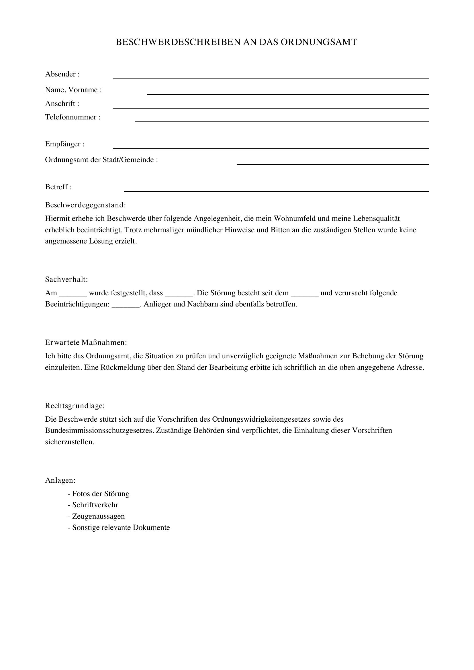 Beschwerde Schreiben Ordnungsamt
