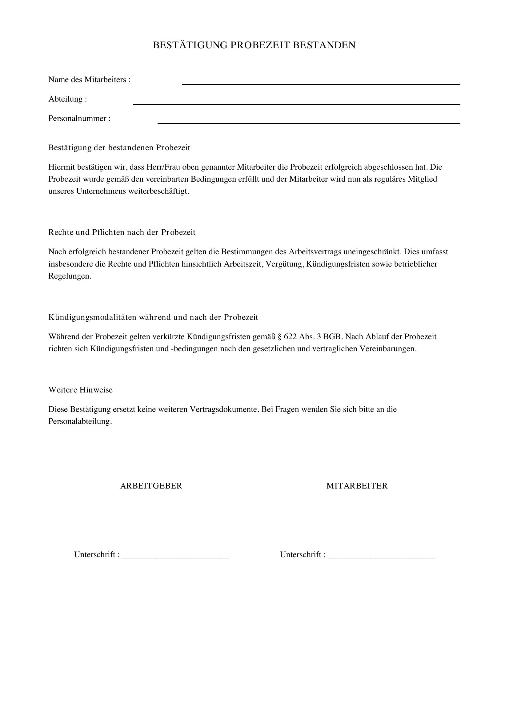 Bestätigung Probezeit Bestanden Vorlage