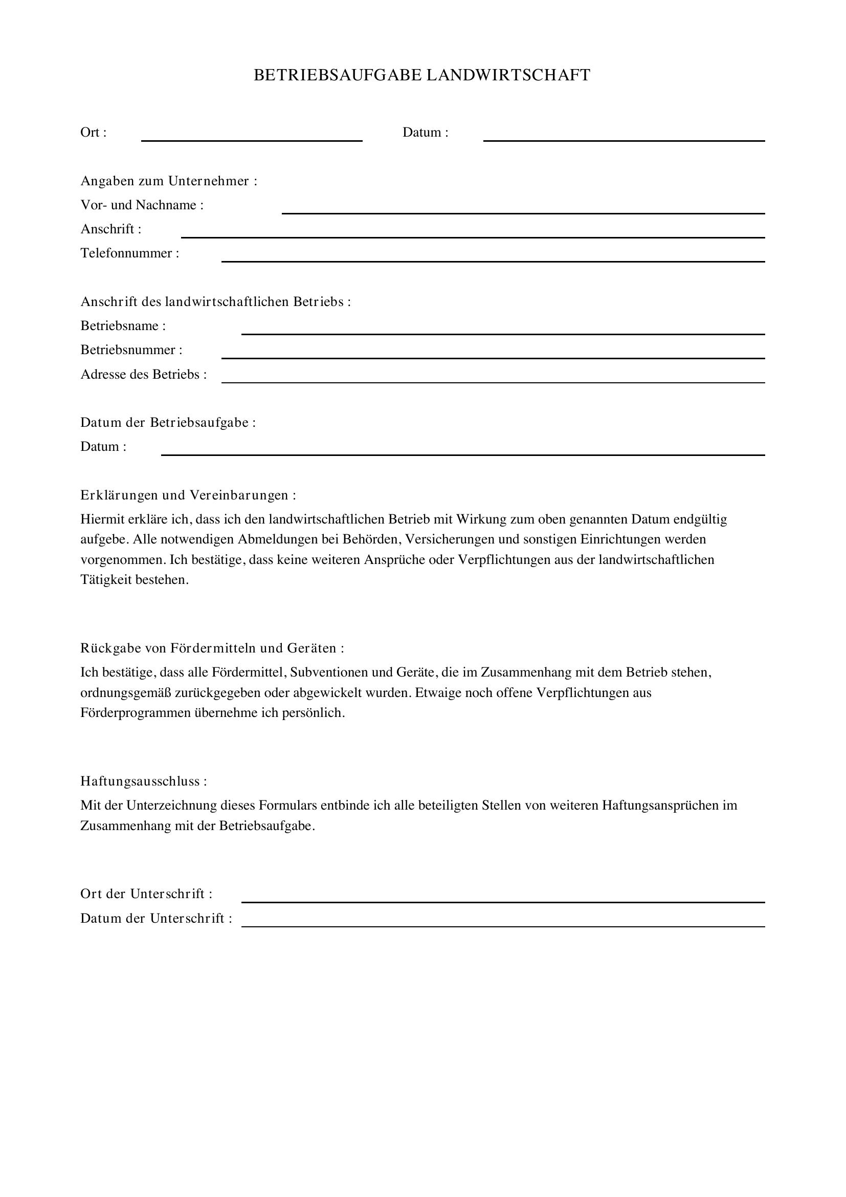 Betriebsaufgabe Landwirtschaft Formular