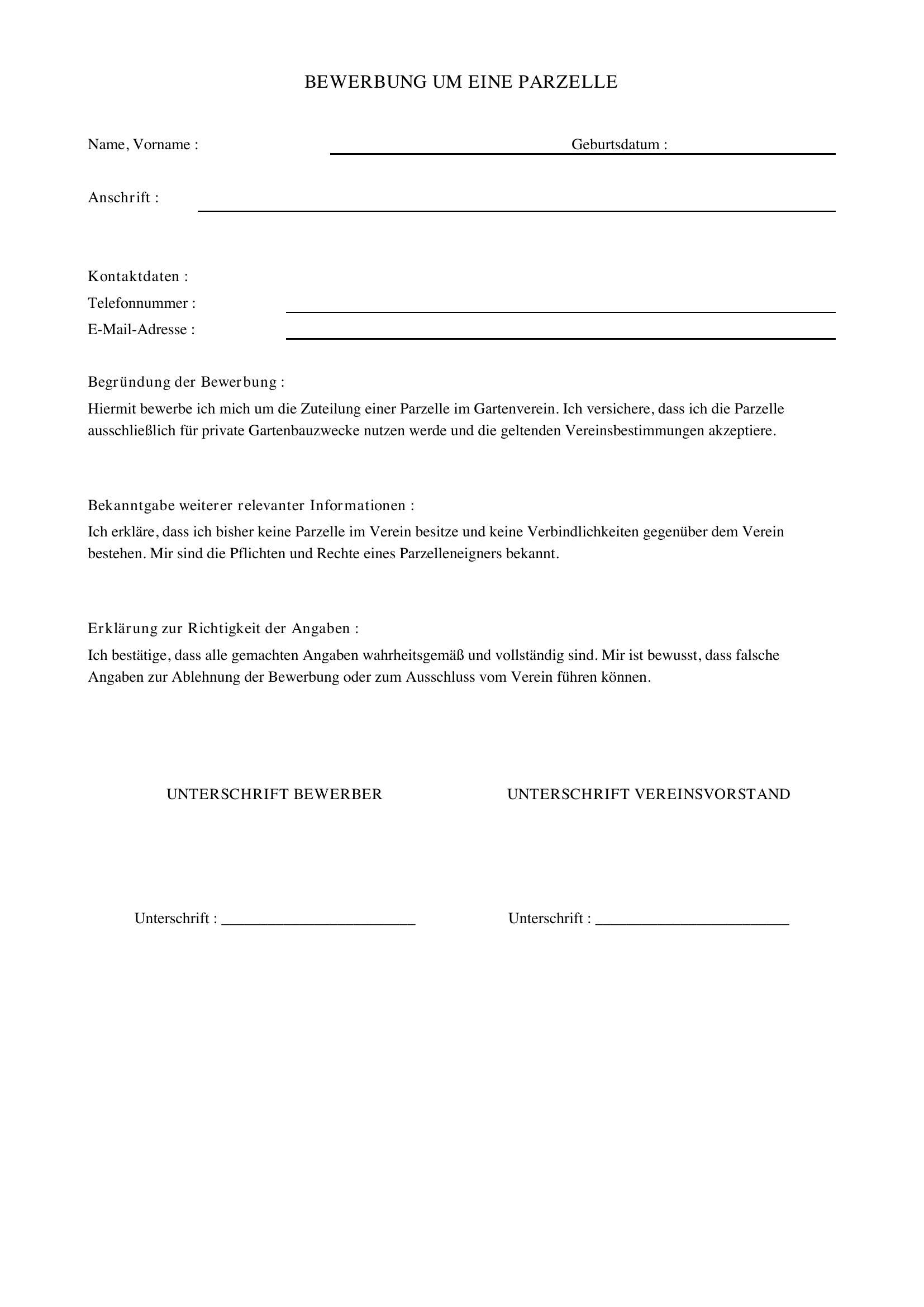 Bewerbung Um Eine Parzelle Muster