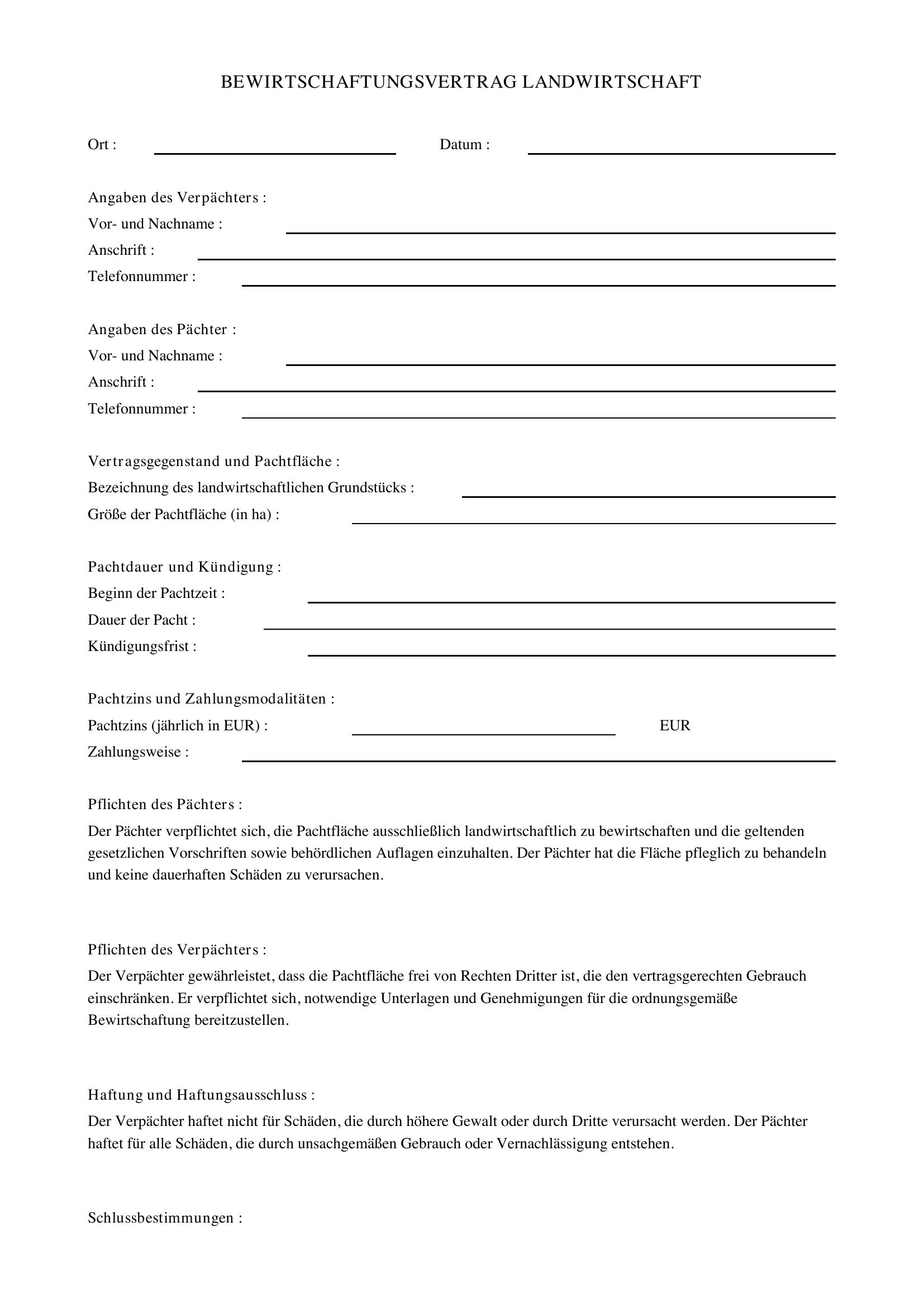 Bewirtschaftungsvertrag Landwirtschaft