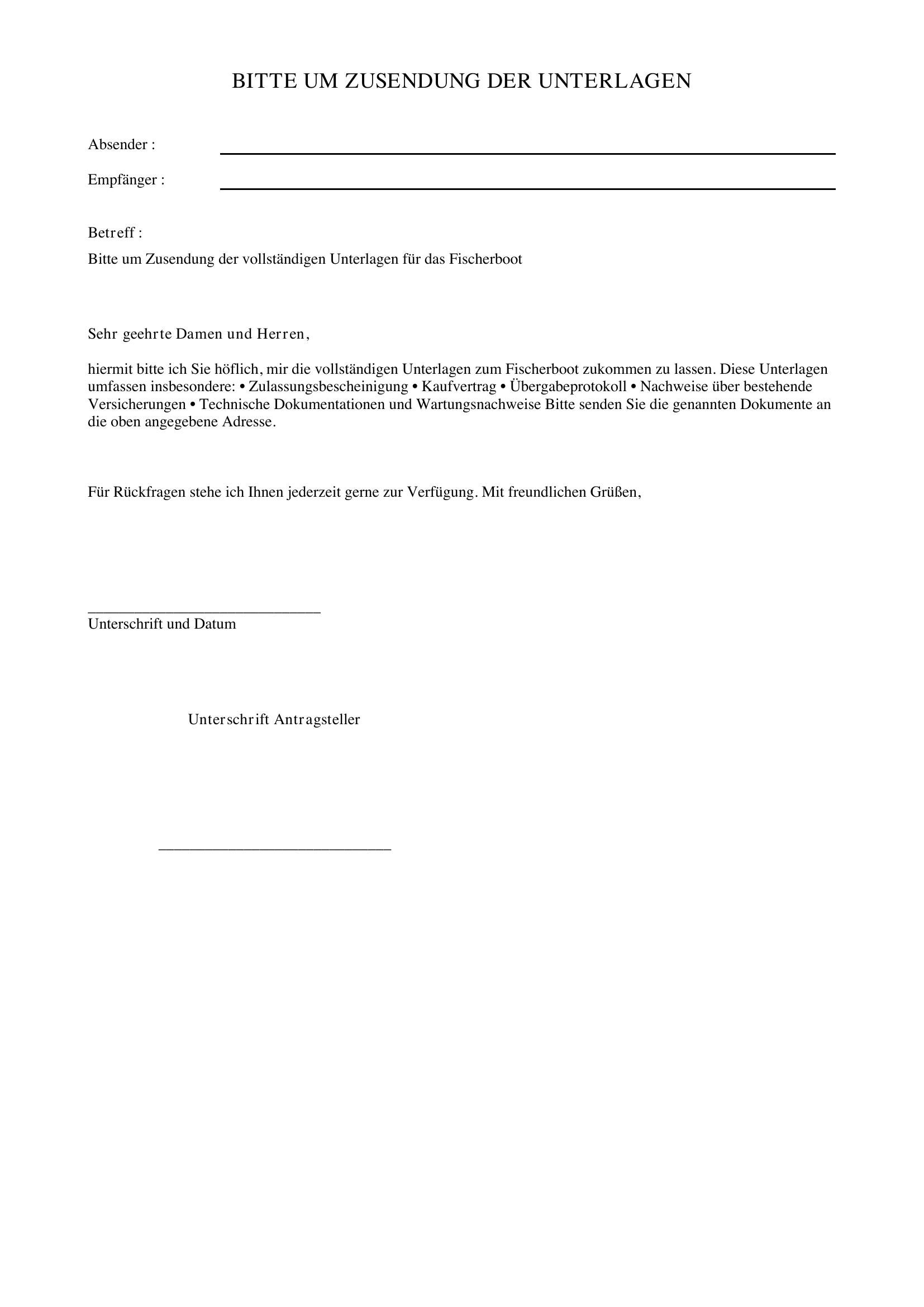Bitte Um Zusendung Der Unterlagen Muster