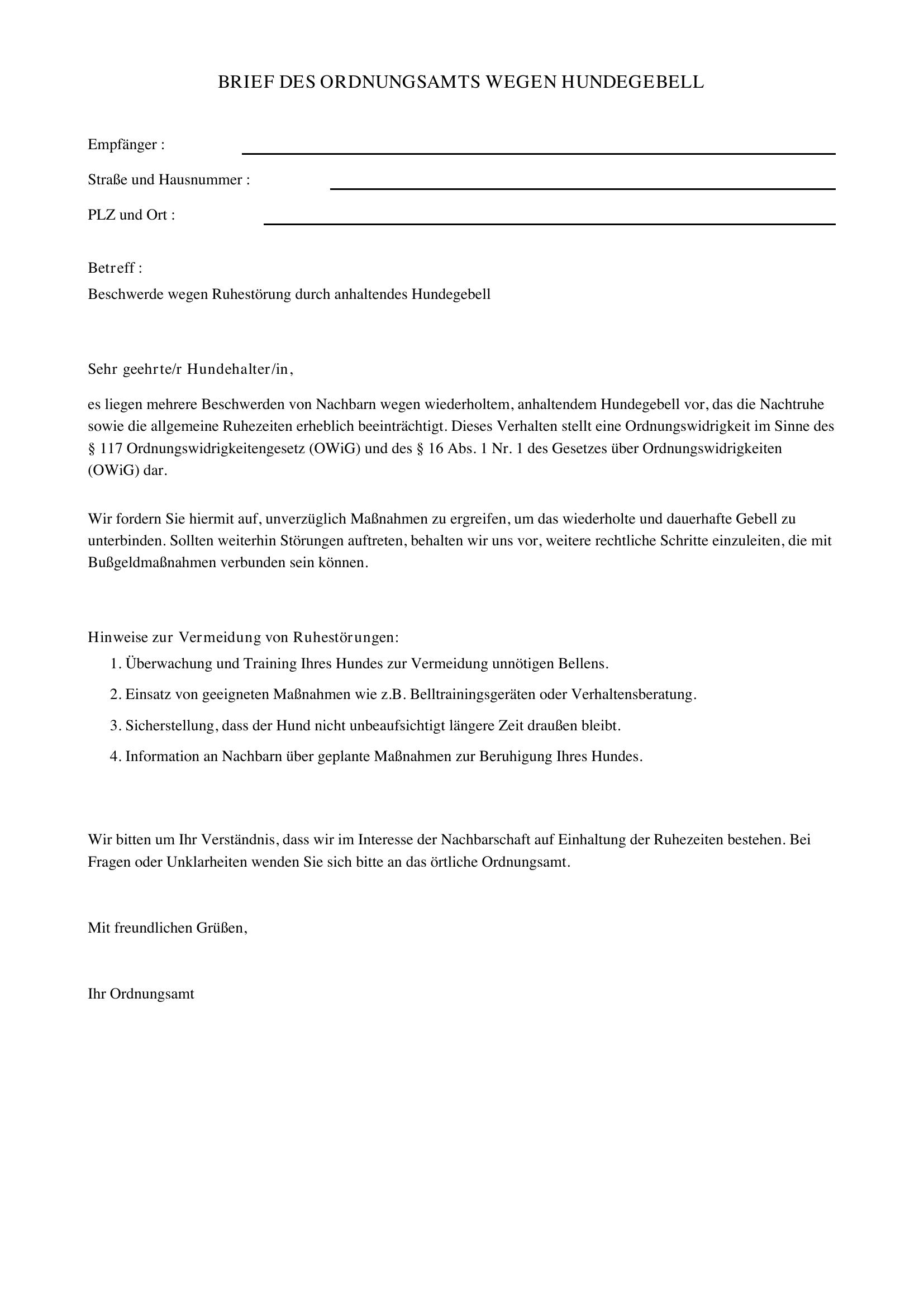 Brief Vom Ordnungsamt Wegen Hundegebell