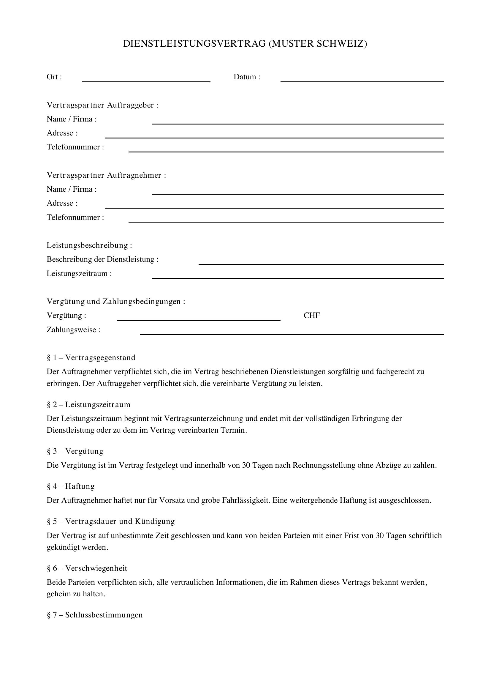Dienstleistungsvertrag Muster Schweiz