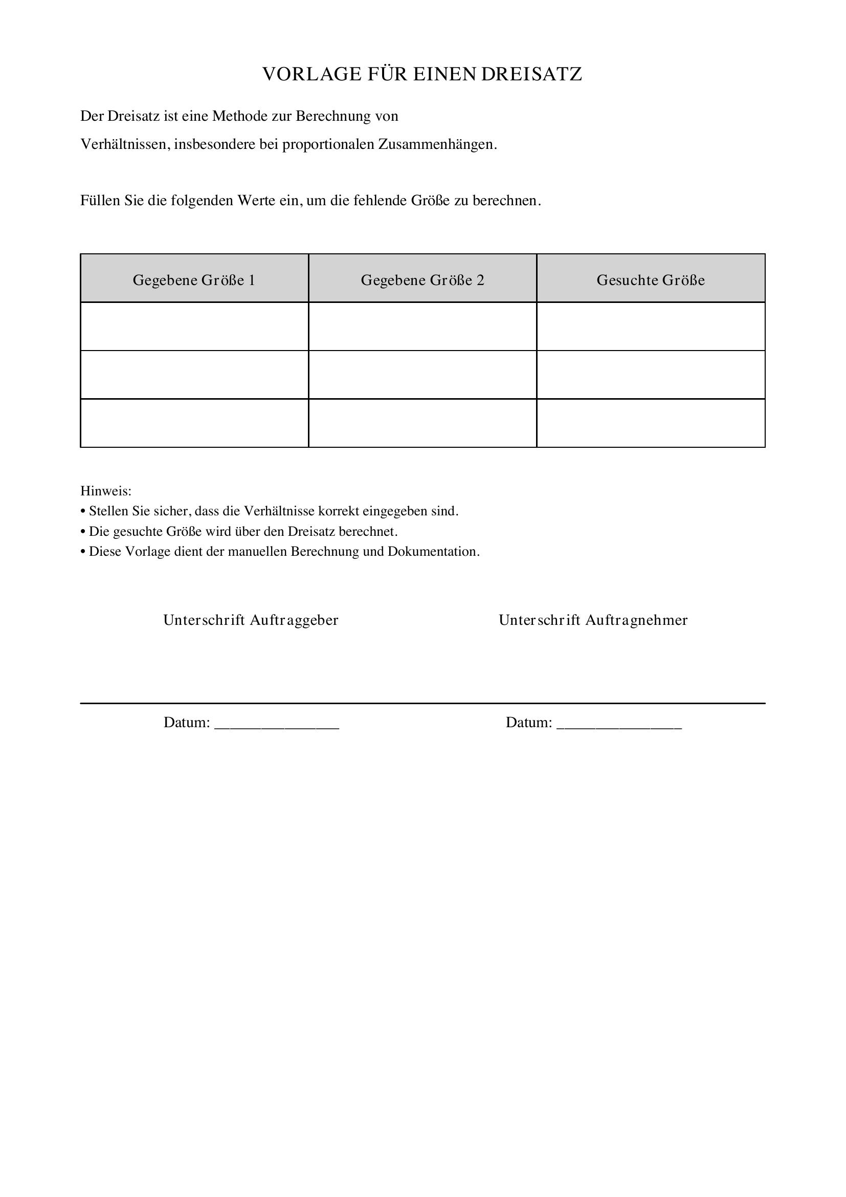 Dreisatz Tabelle Vorlage