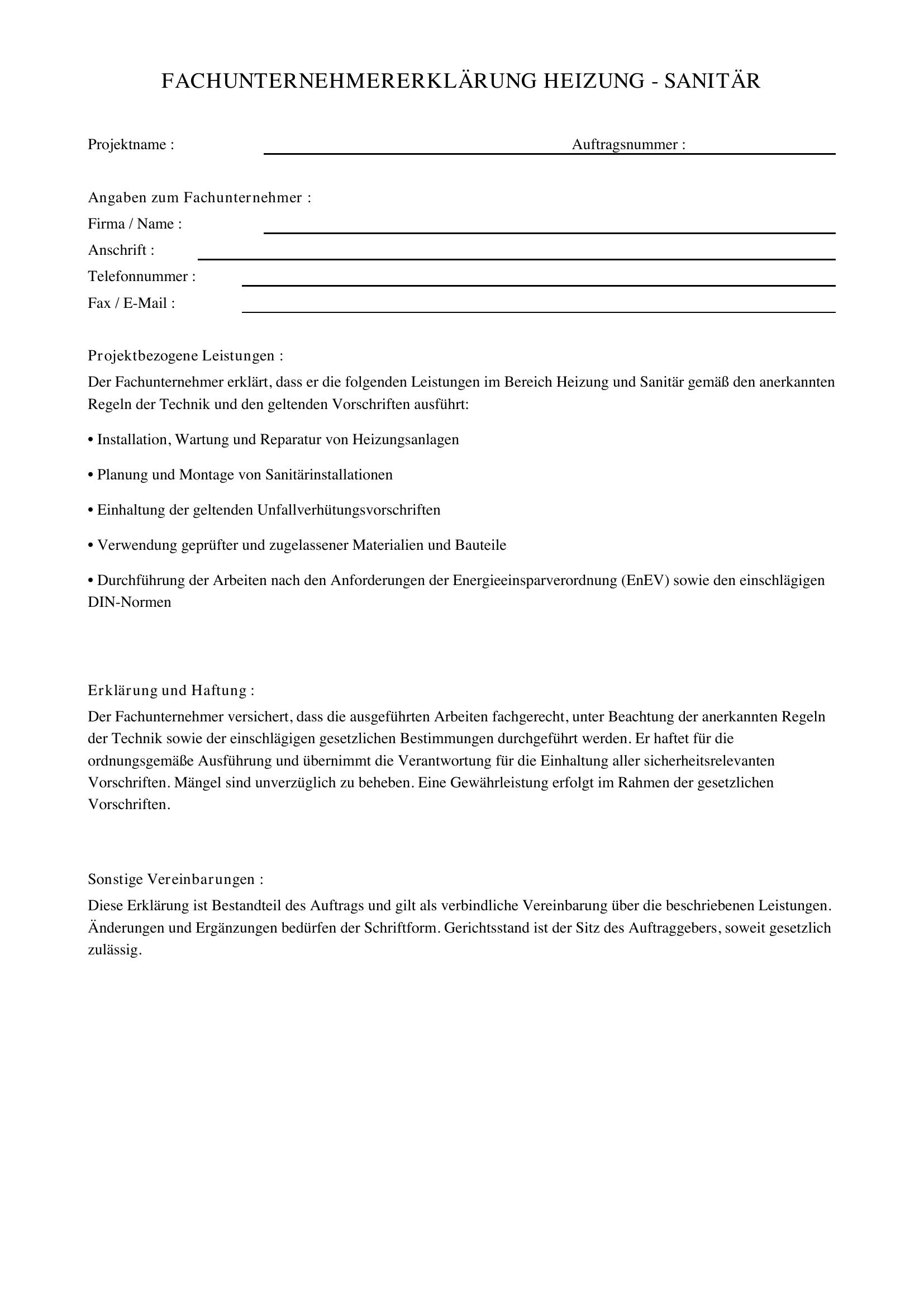 Fachunternehmererklärung Muster Heizung Sanitär