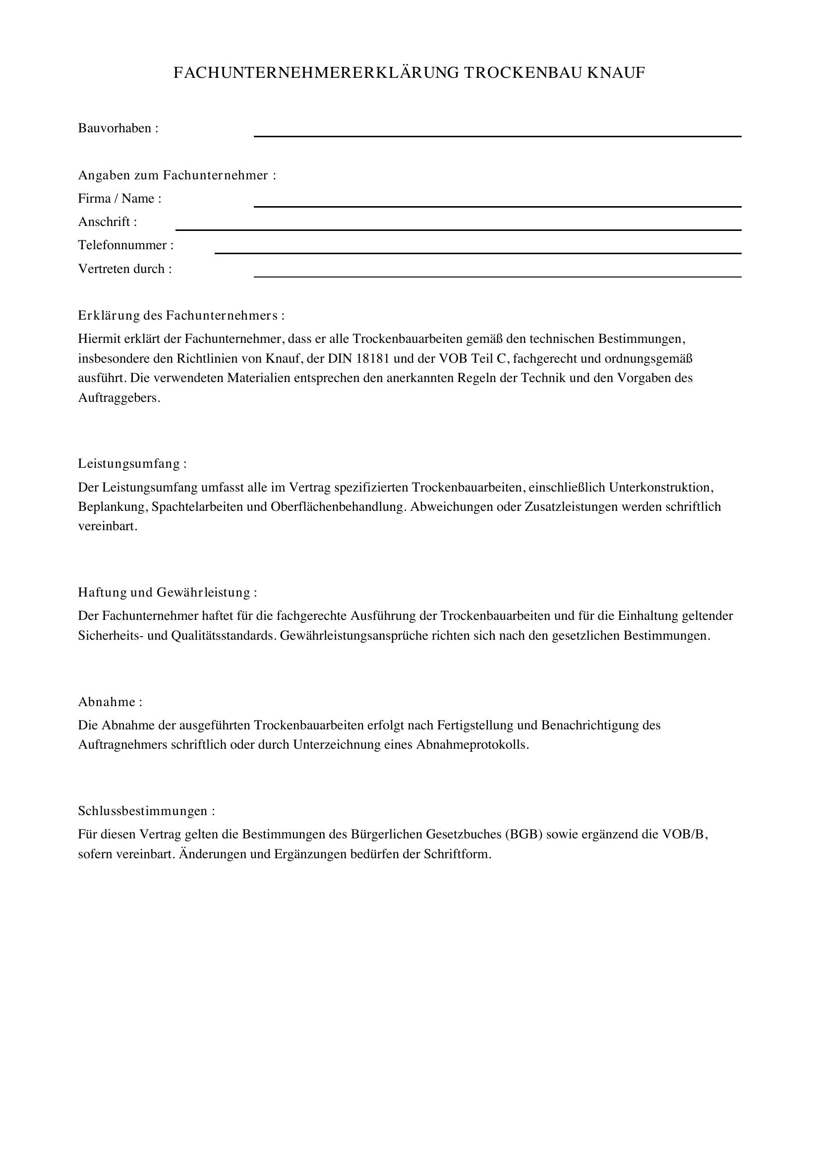 Fachunternehmererklärung Trockenbau Knauf