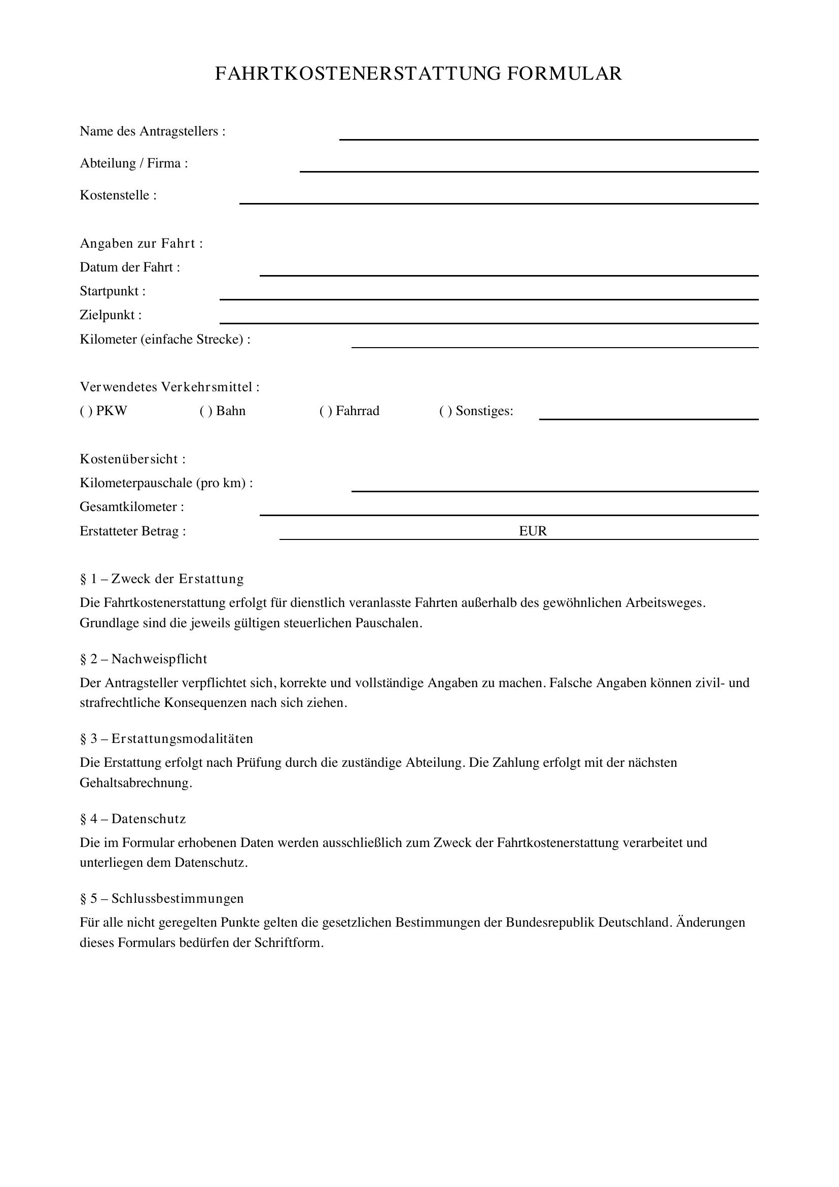Fahrtkostenerstattung Formular