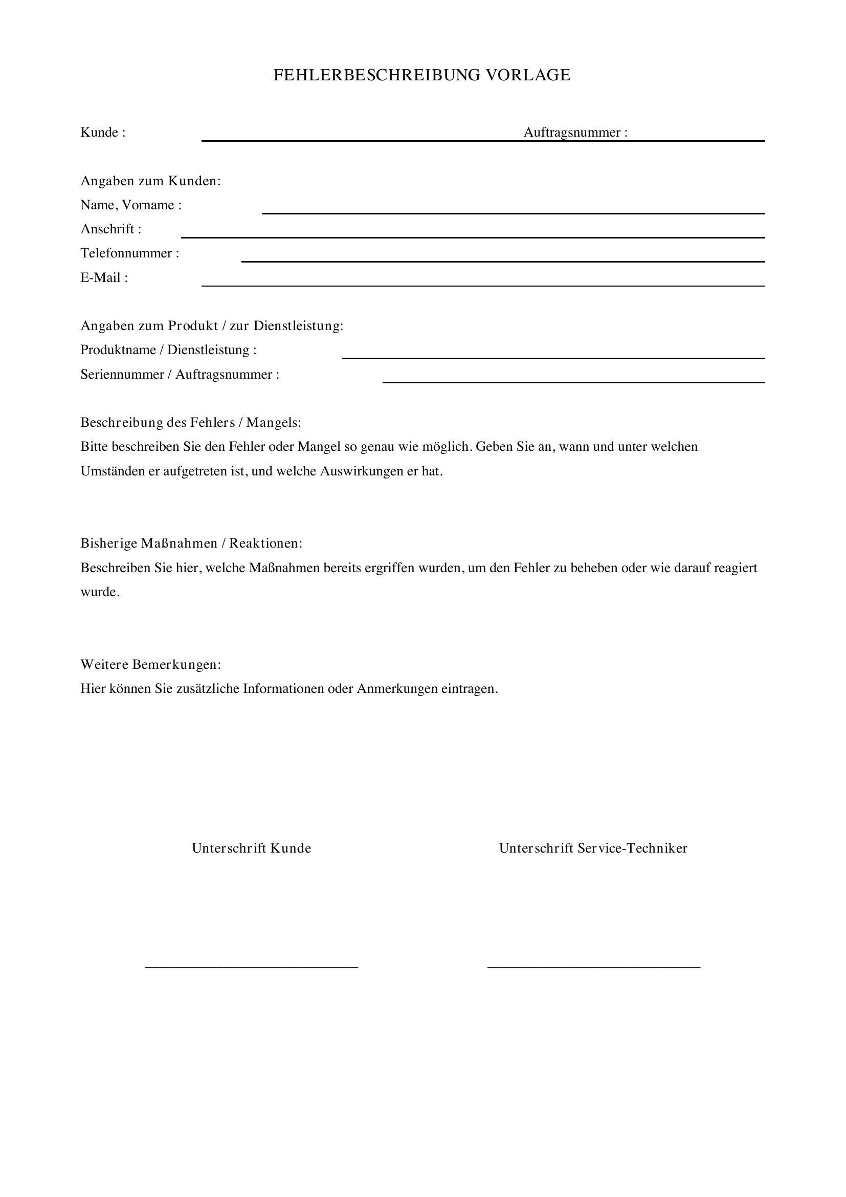 Fehlerbeschreibung Vorlage