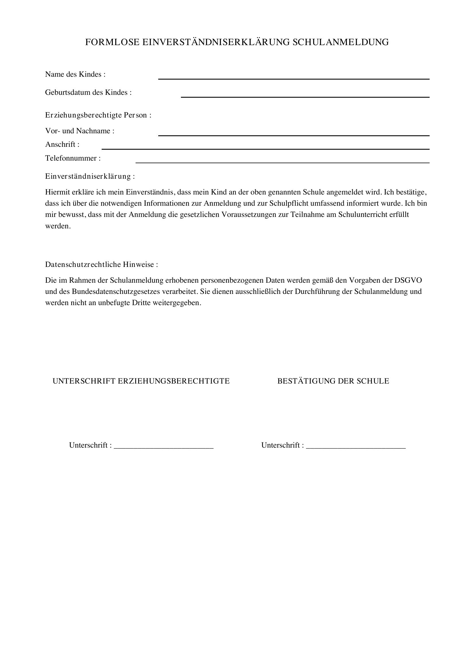 Formlose Einverständniserklärung Schulanmeldung