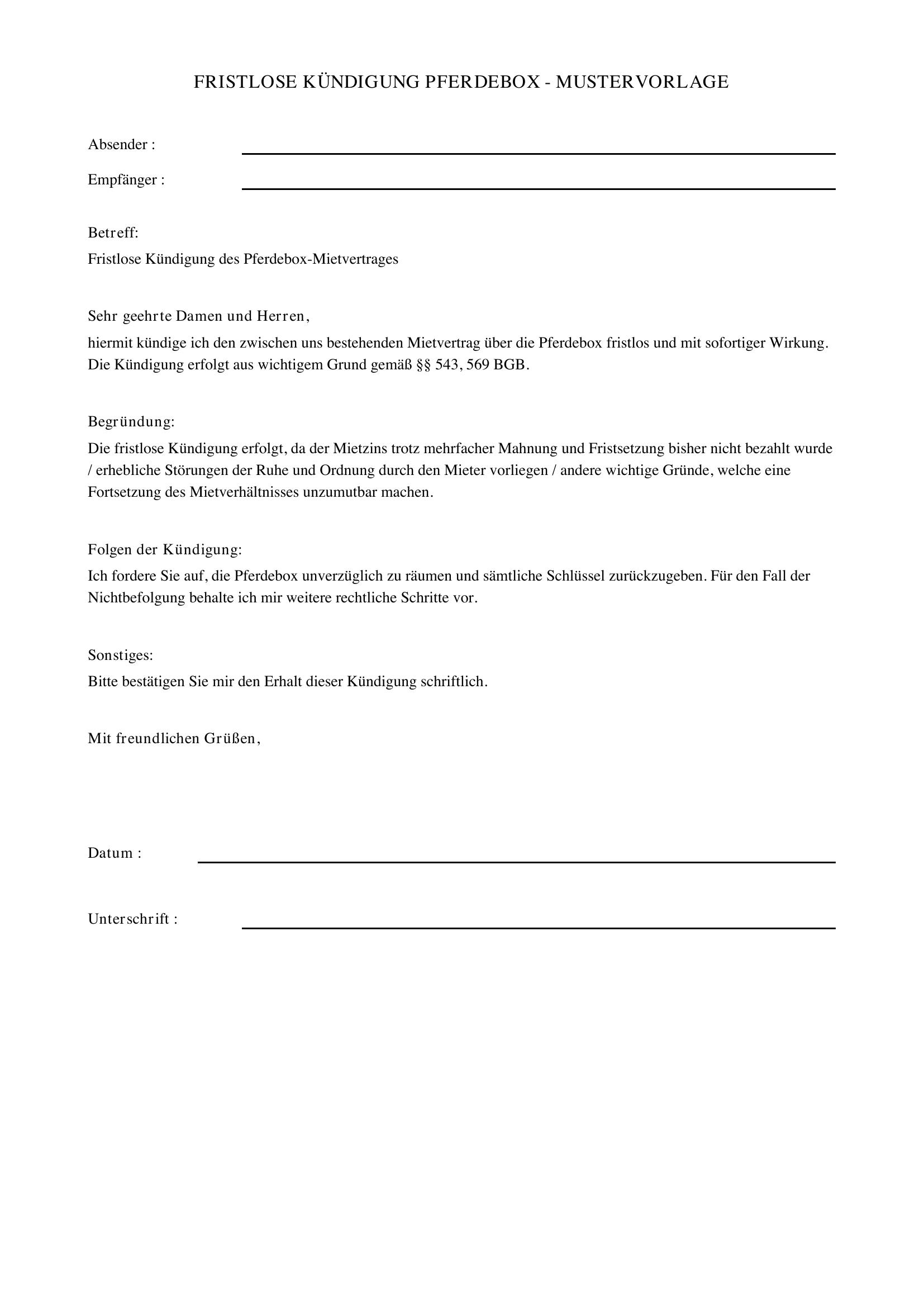 Fristlose Kündigung Pferdebox Muster