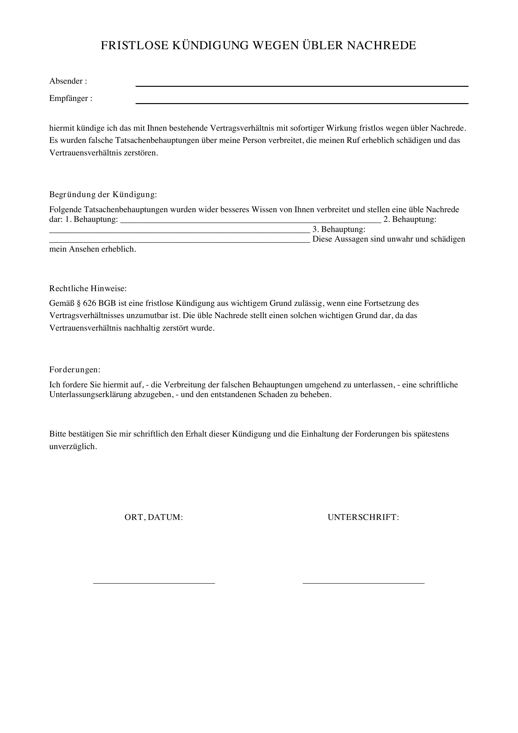 Fristlose Kündigung Wegen Übler Nachrede Muster