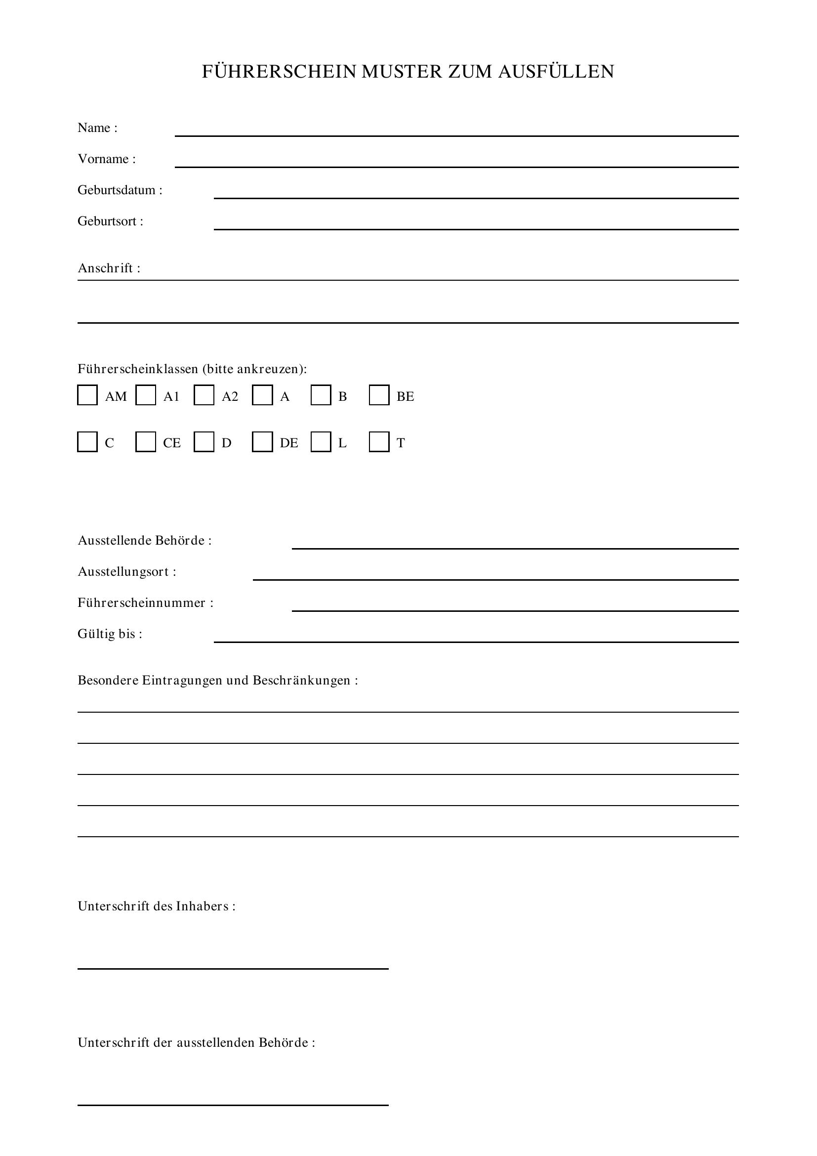 Führerschein Muster Zum Ausfüllen