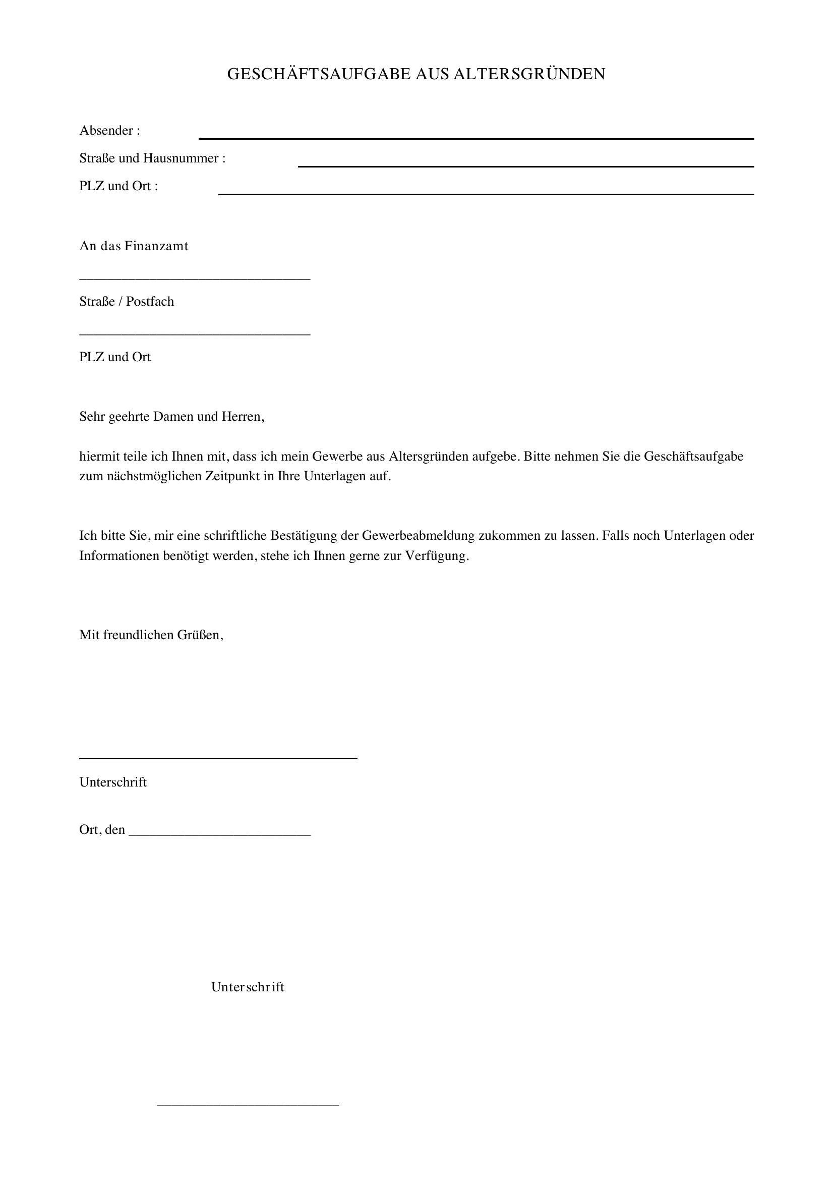 Geschäftsaufgabe Aus Altersgründen Musterbrief