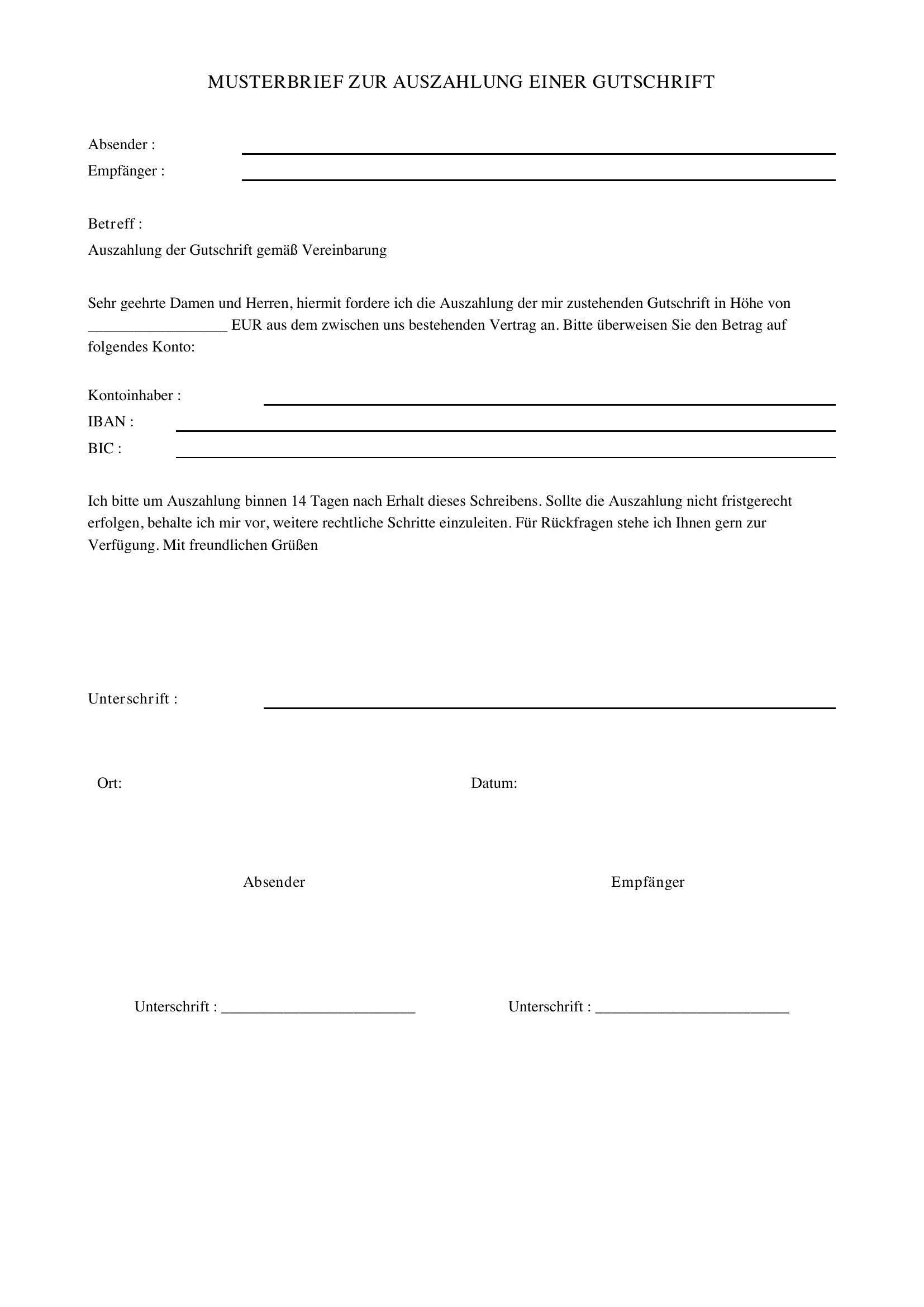 Gutschrift Auszahlen Lassen Musterbrief