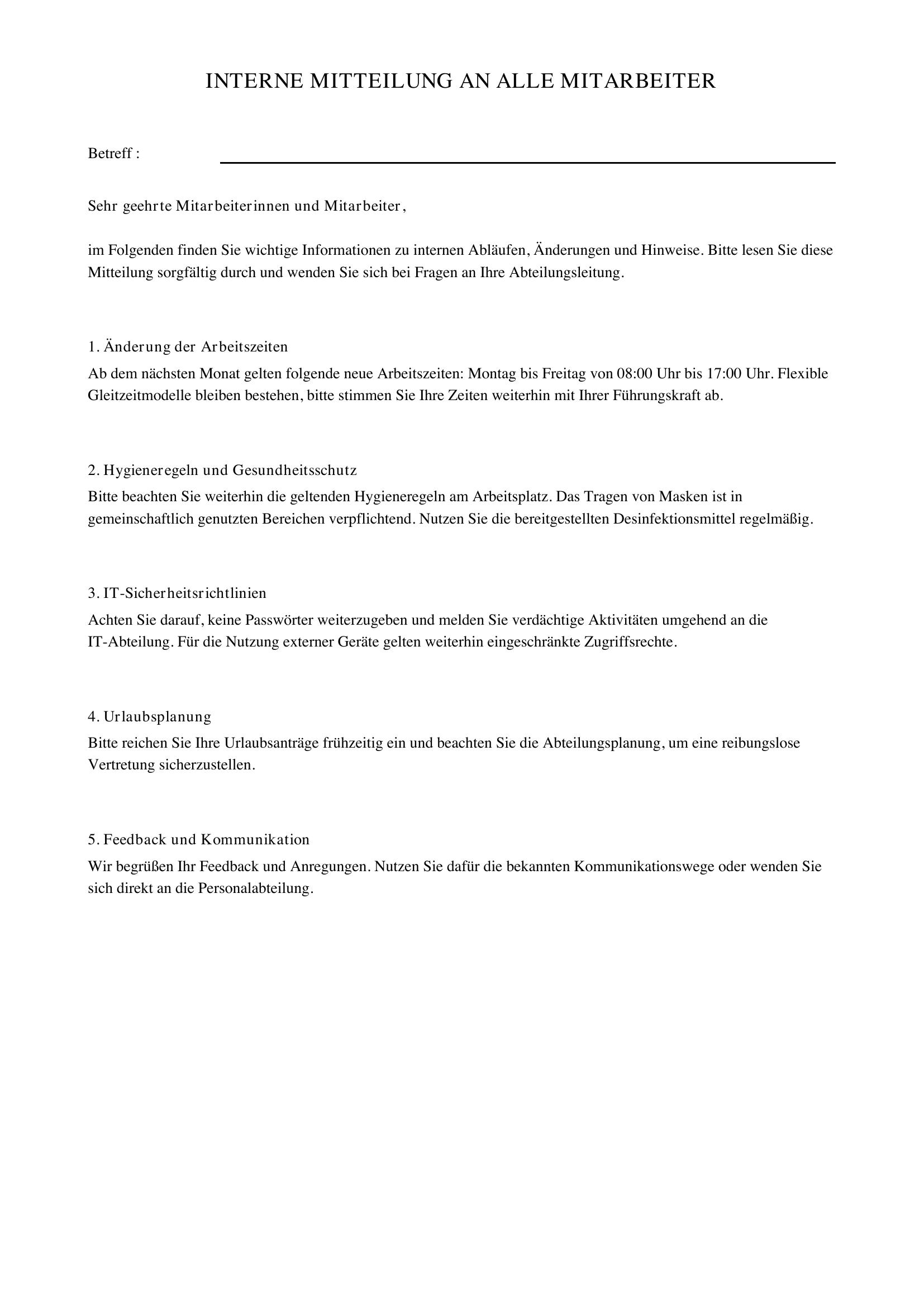 Interne Mitteilung An Alle Mitarbeiter Muster