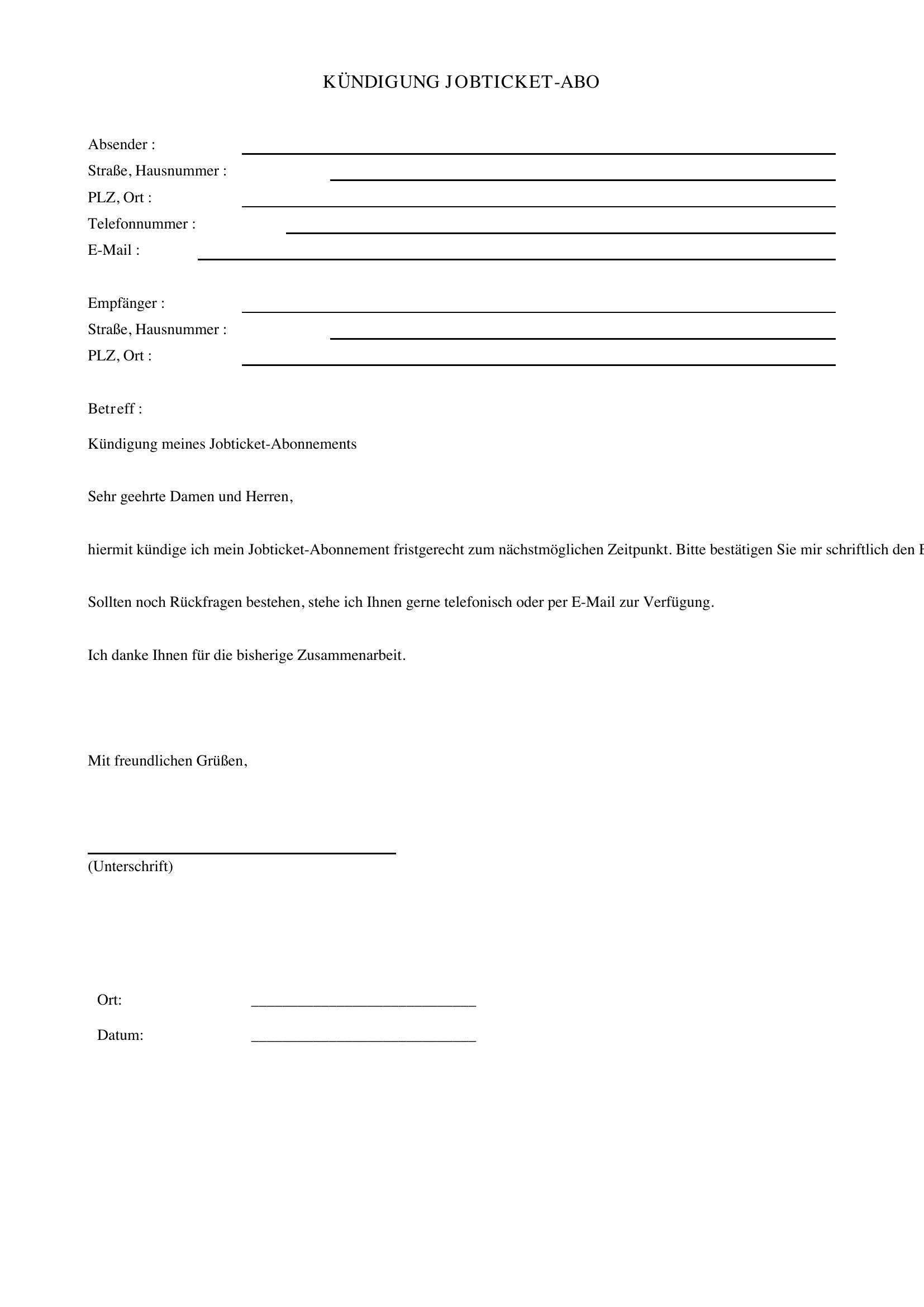 Jobticket Kündigen Vorlage