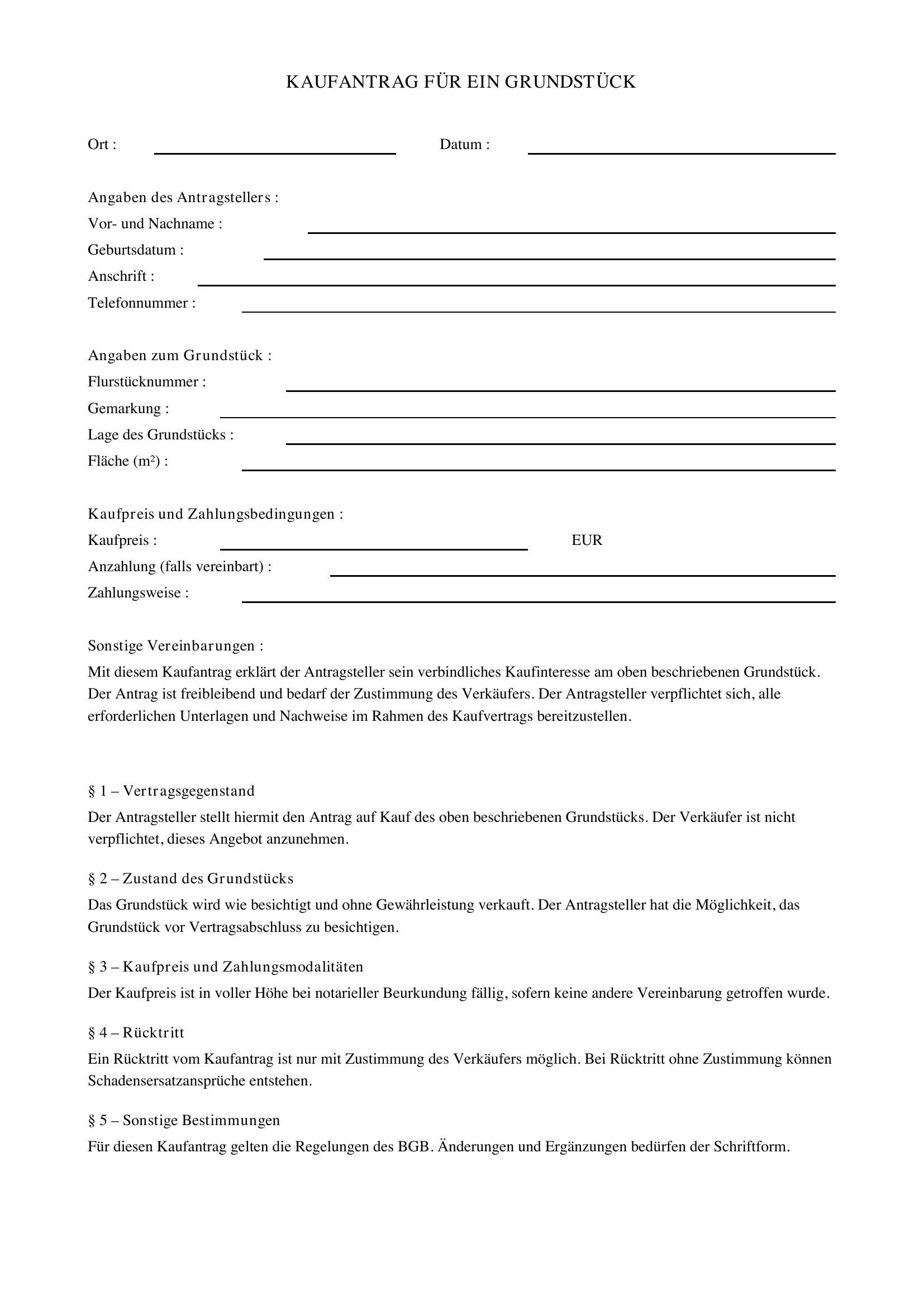 Kaufantrag Grundstück Vorlage