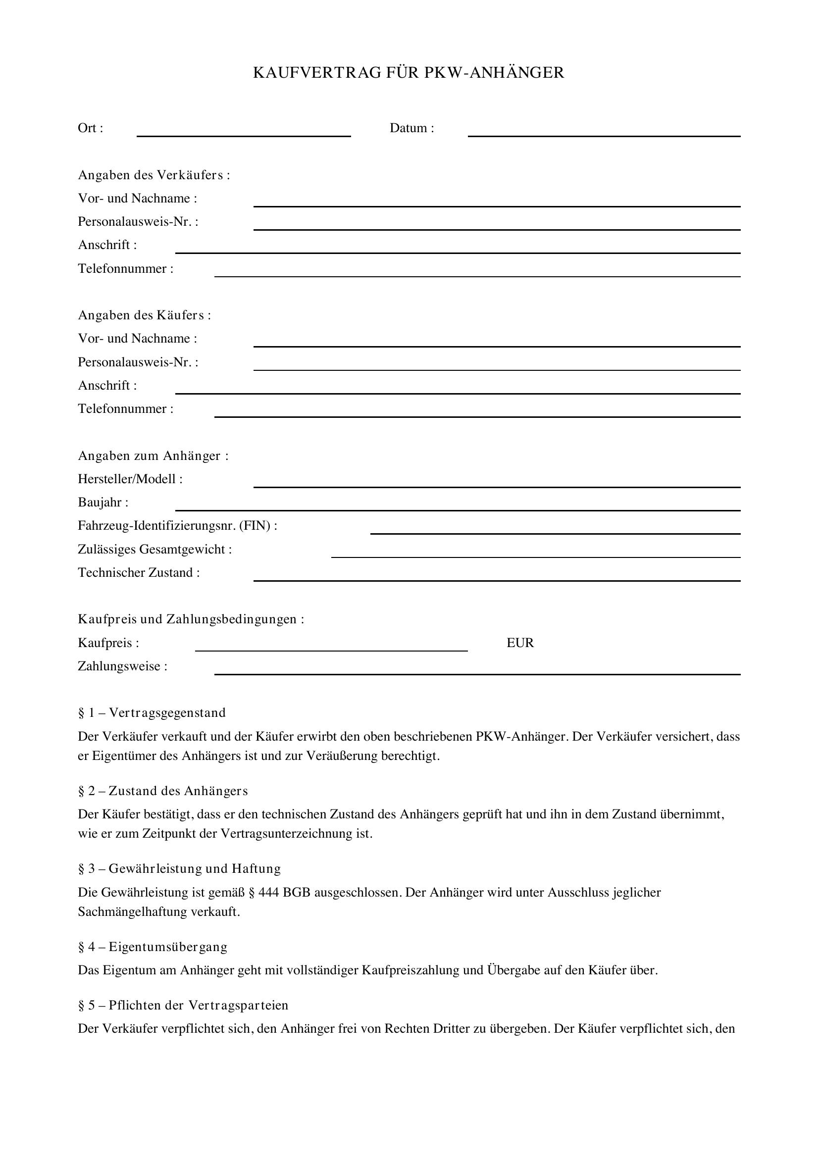 Kaufvertrag Anhänger Österreich
