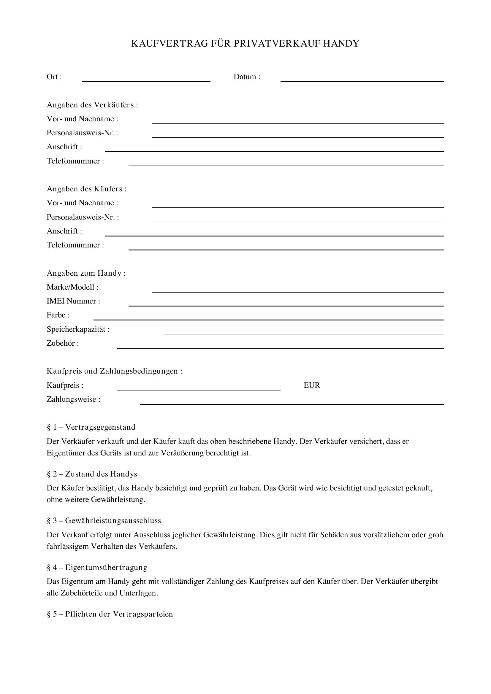 Kaufvertrag Handy Privat Zum Ausdrucken