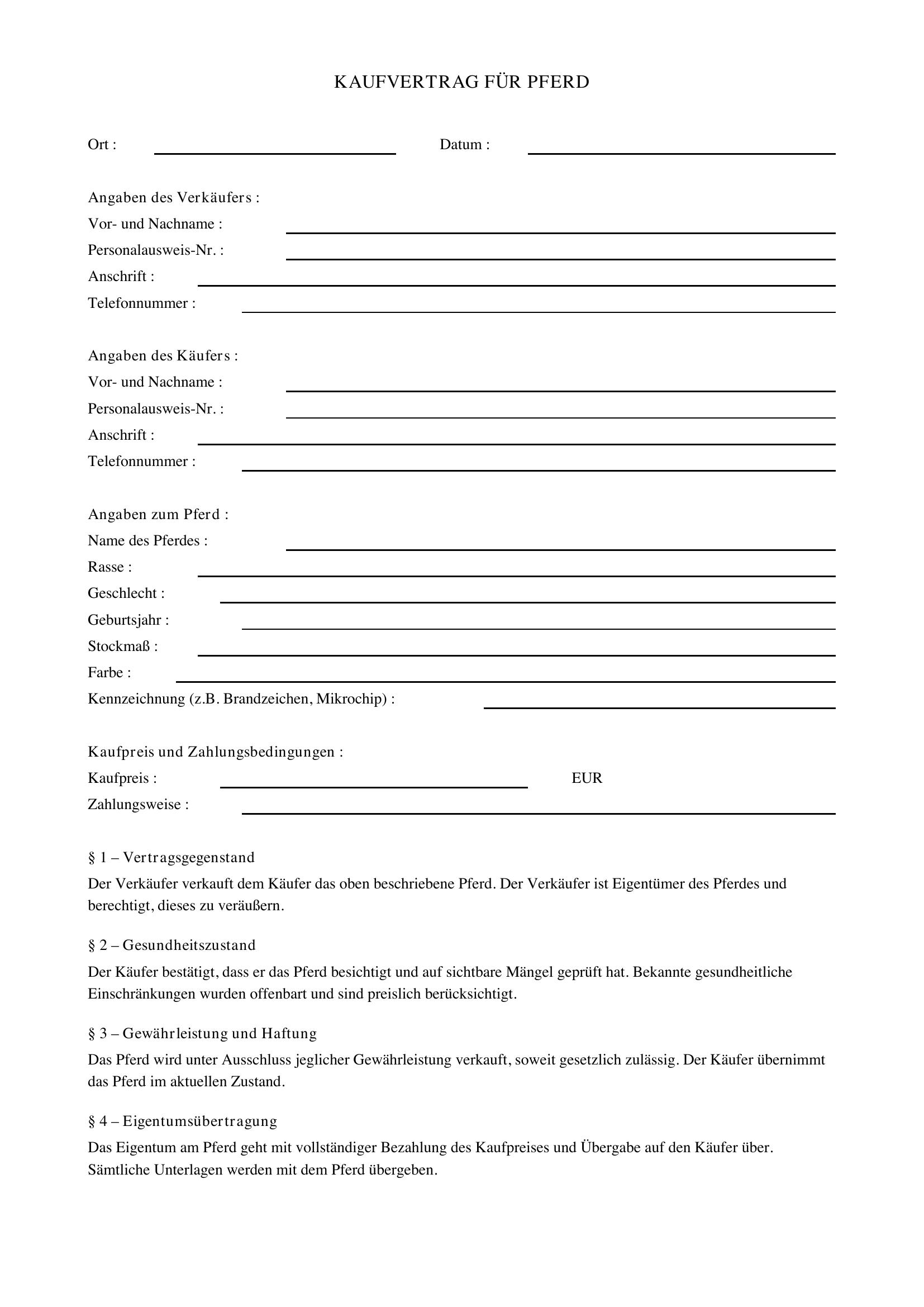 Kaufvertrag Pferd