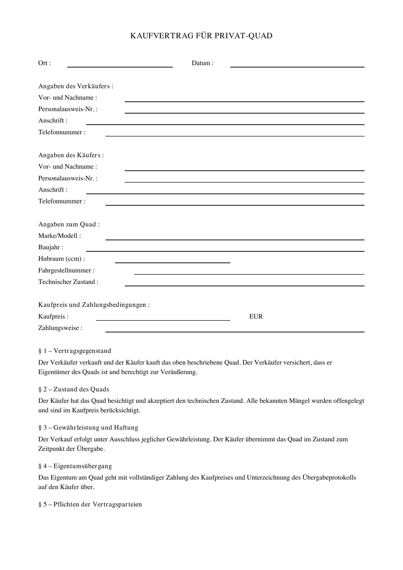 Kaufvertrag Quad Privat