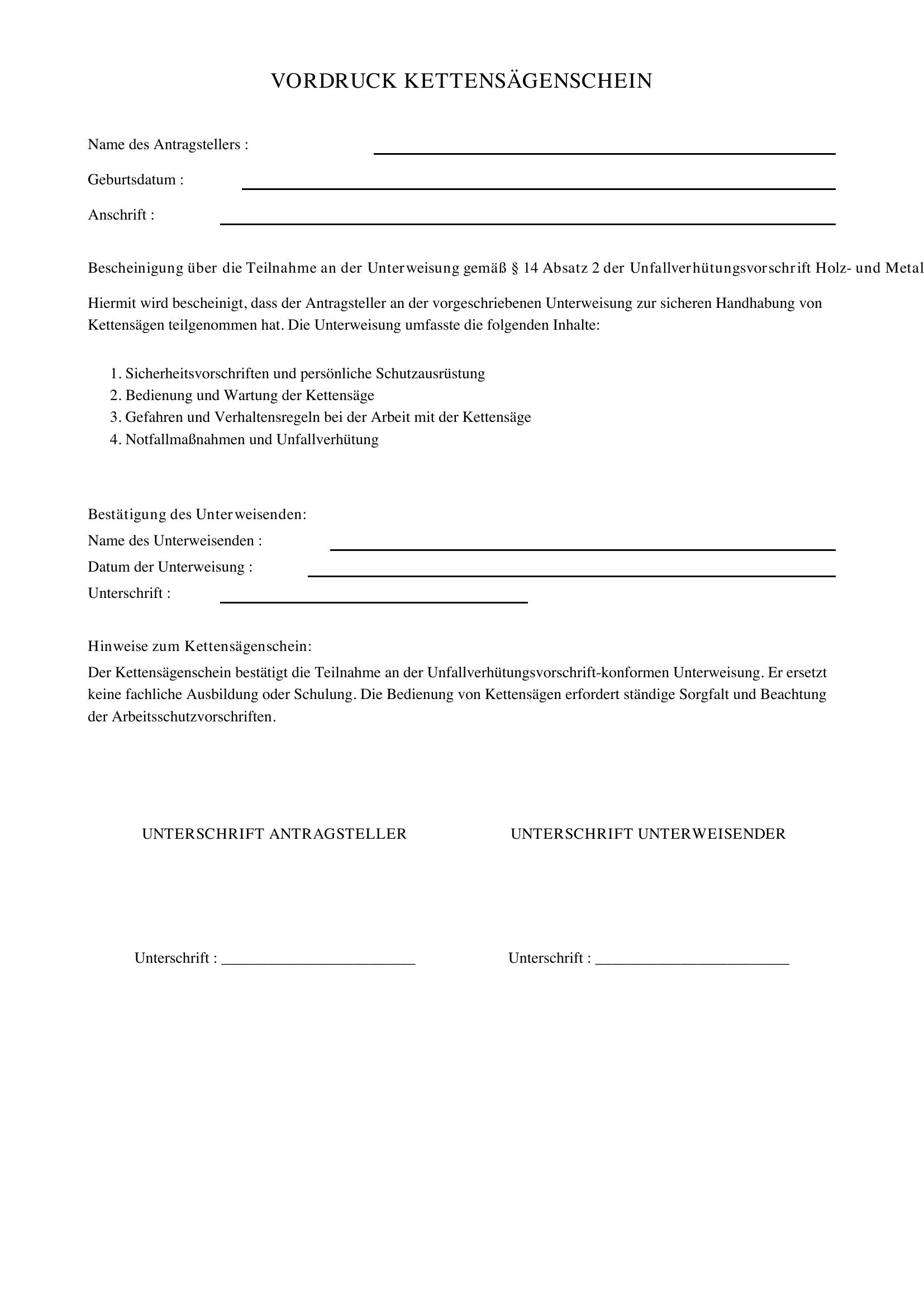 Kettensägenschein Vordruck