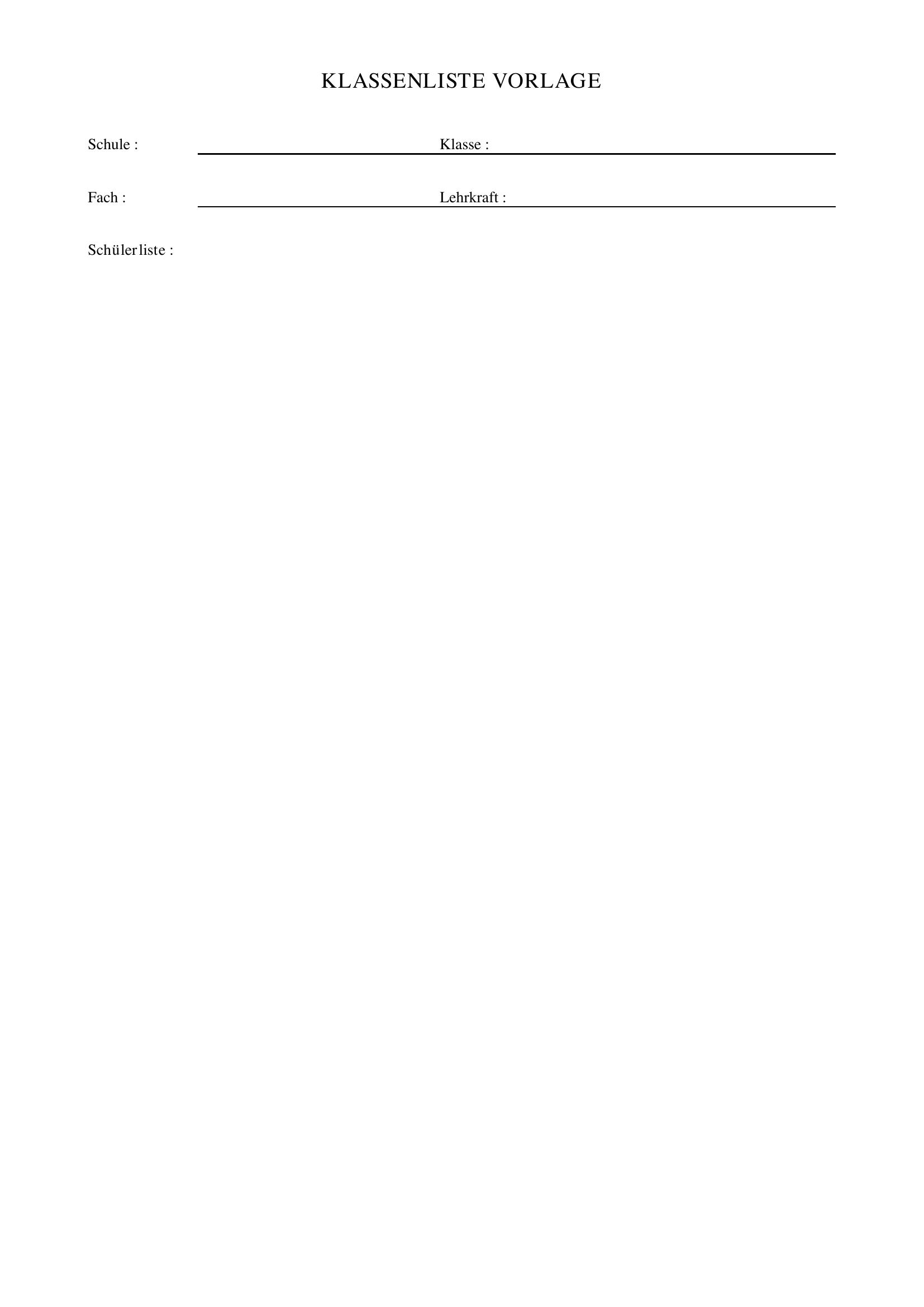 Klassenliste Vorlage