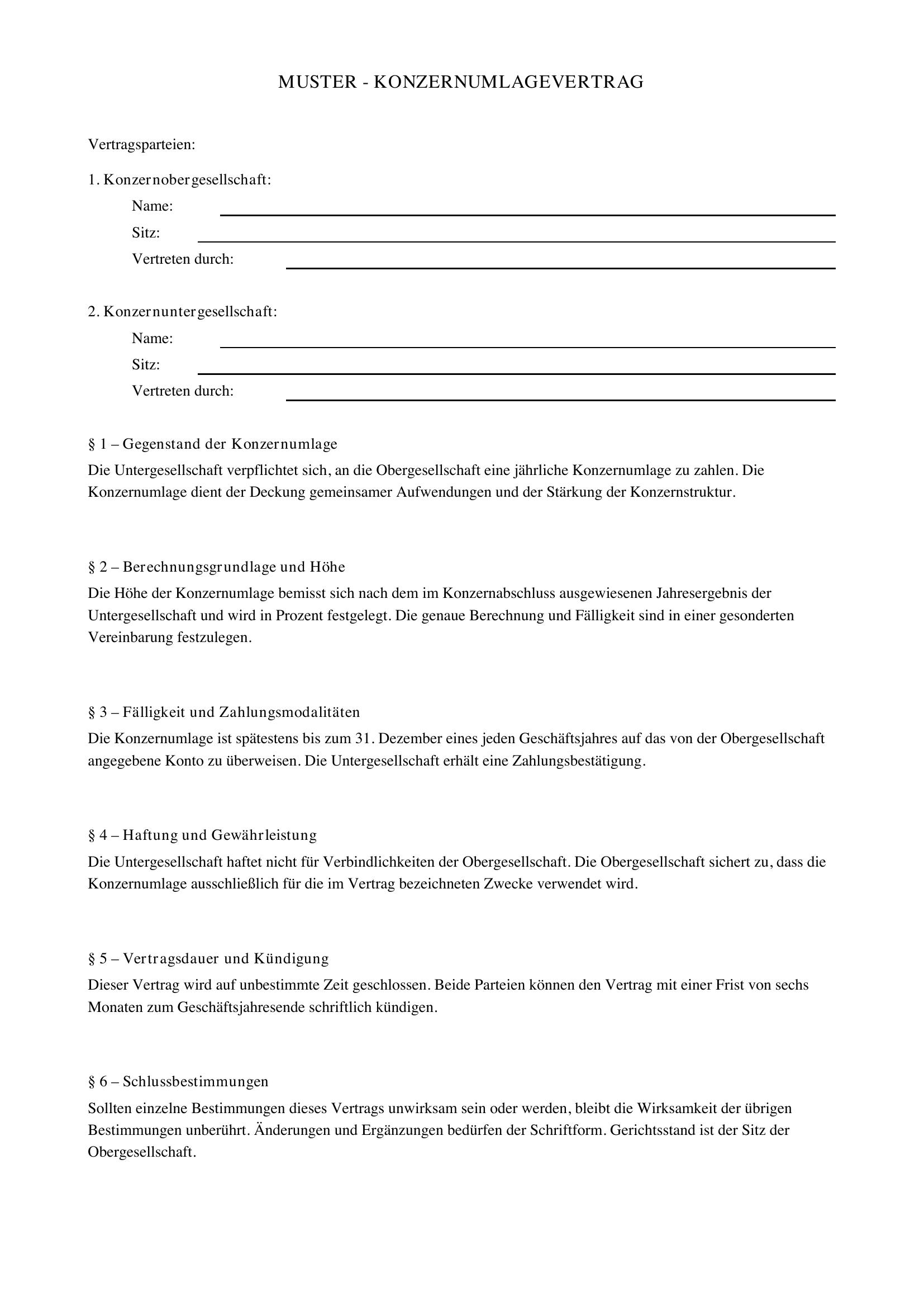 Konzernumlagevertrag Muster