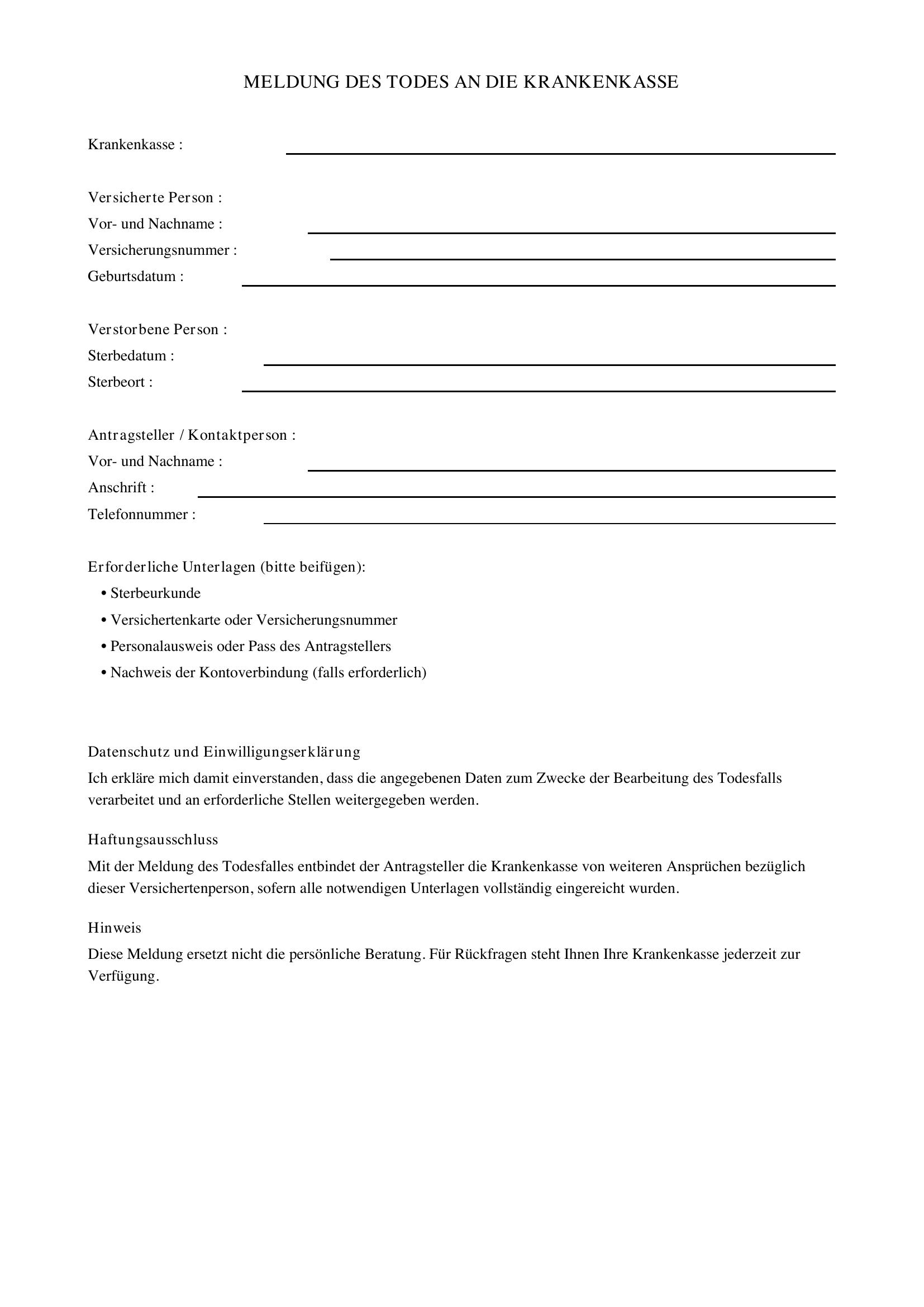 Krankenkasse Todesfall Melden Vorlage