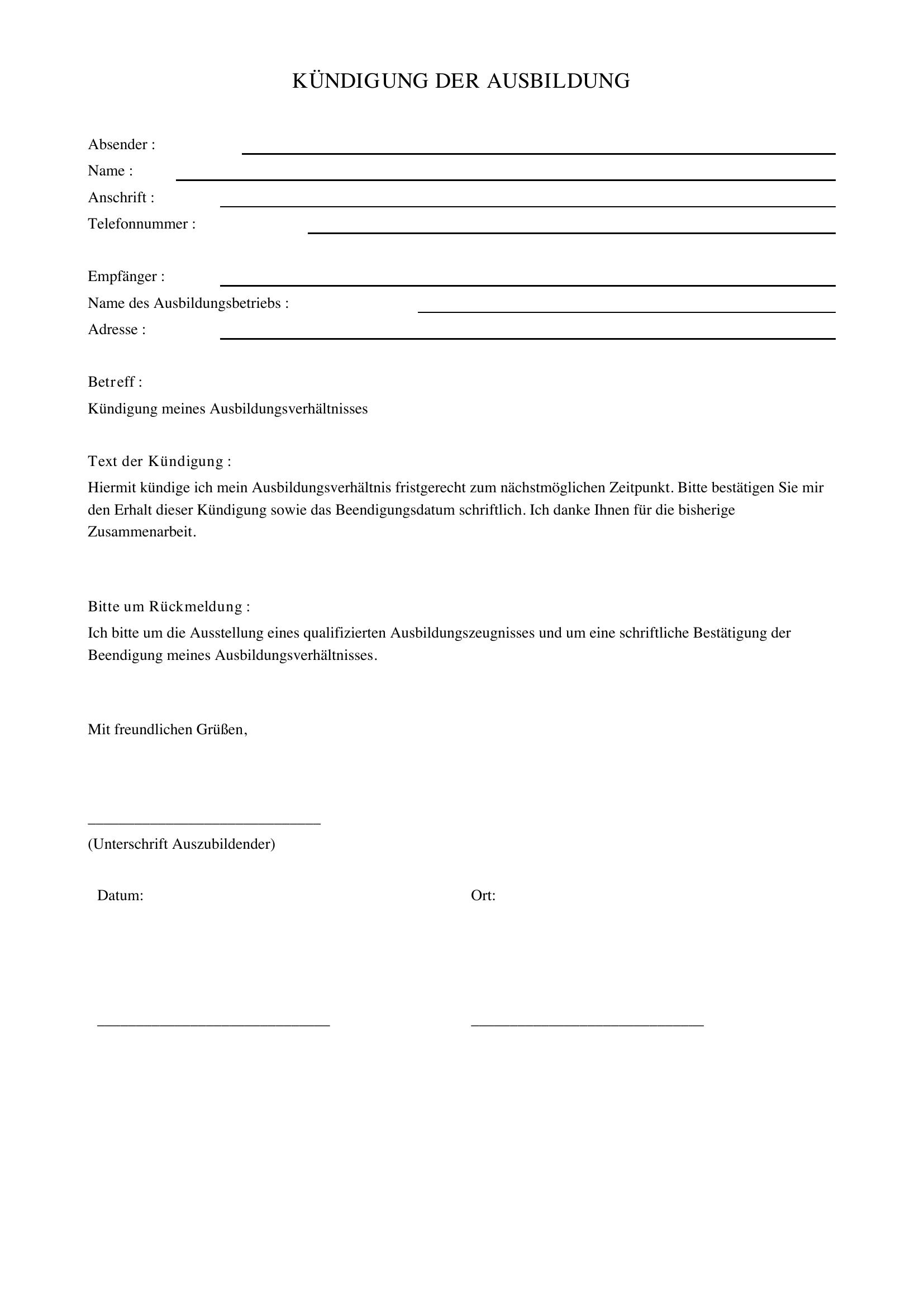 Kündigung Ausbildung Muster