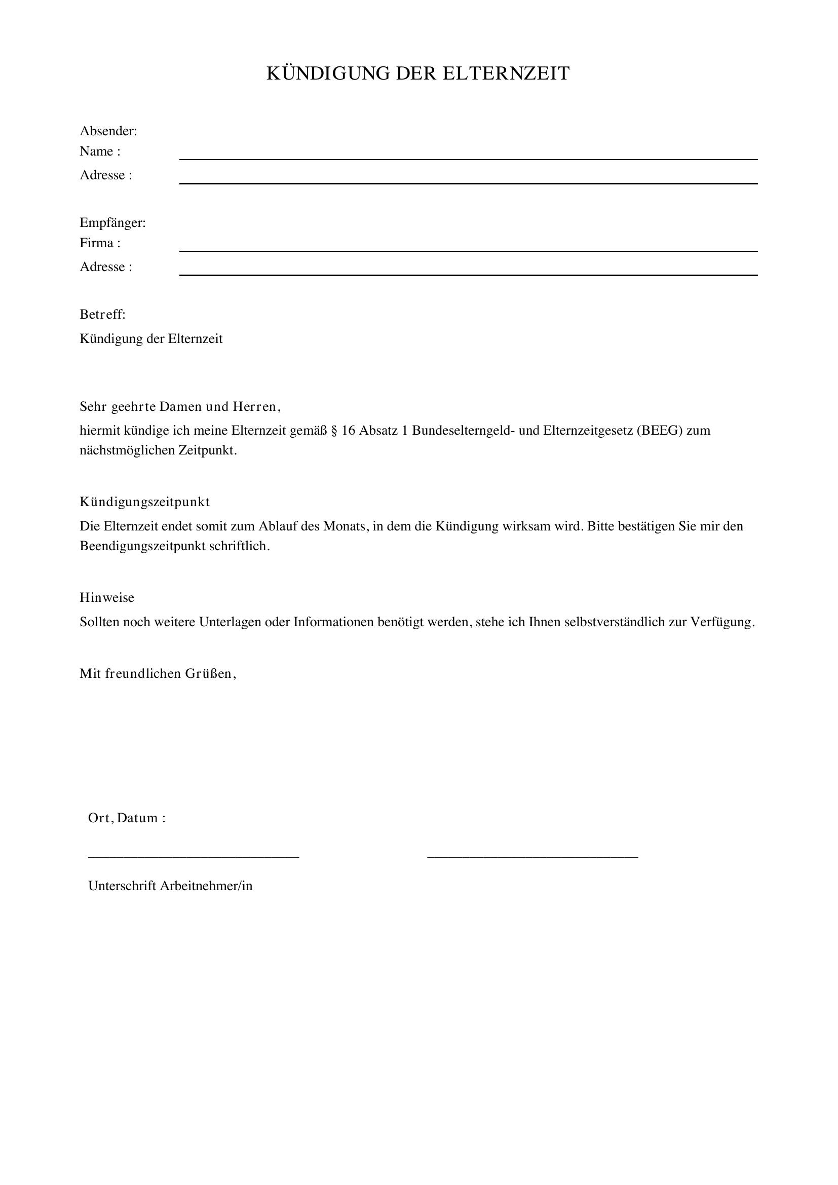 Kündigung In Elternzeit Vorlage