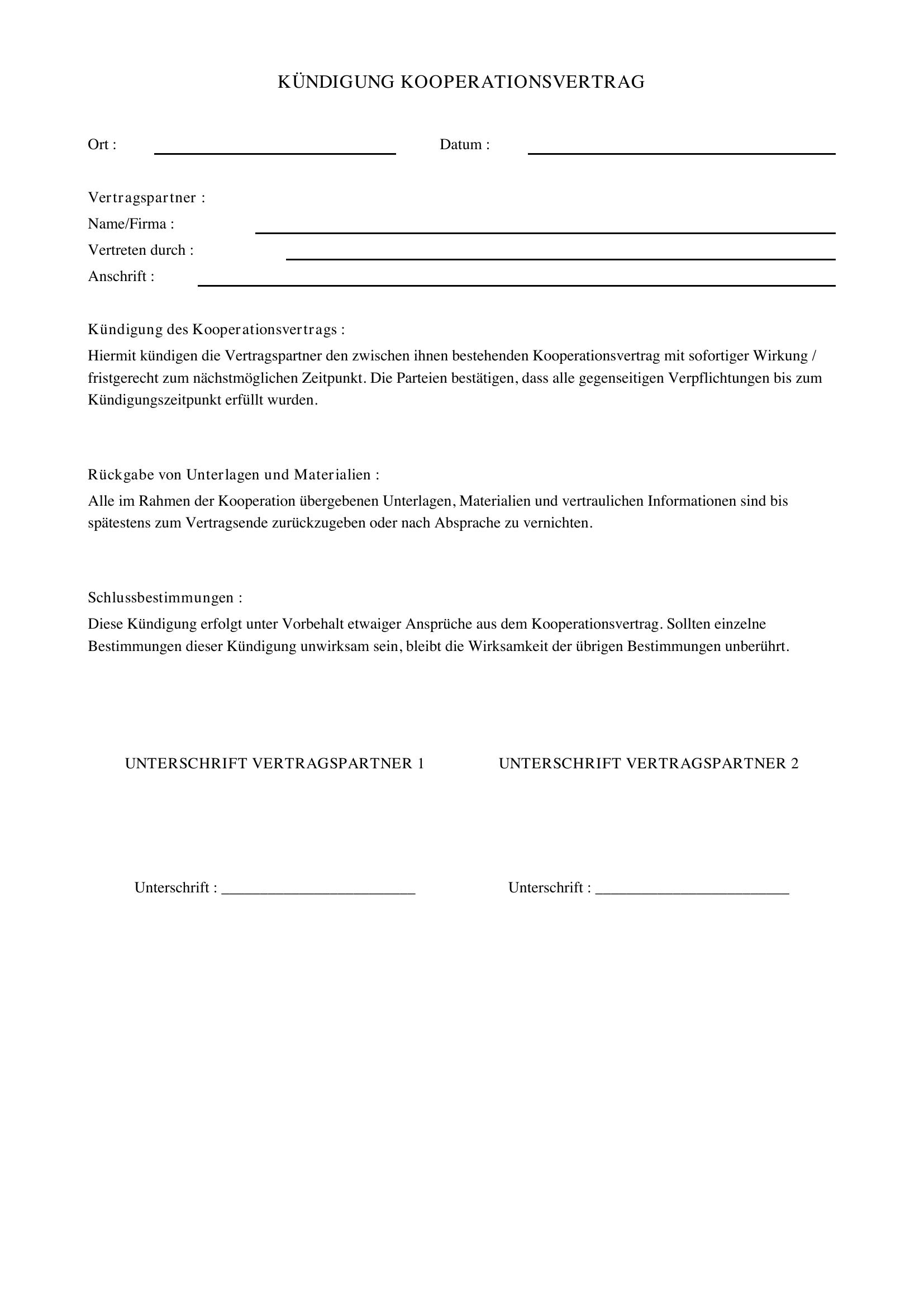 Kündigung Kooperationsvertrag