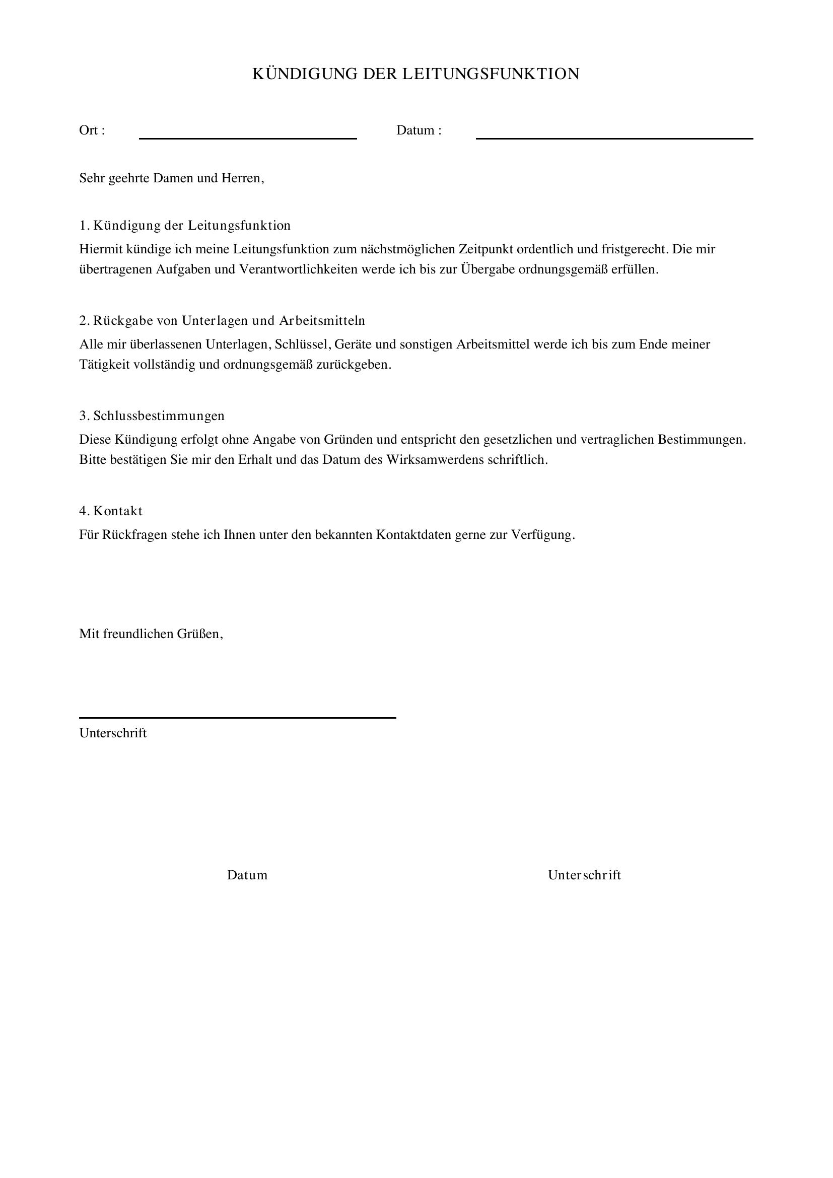 Kündigung Leitungsfunktion Muster